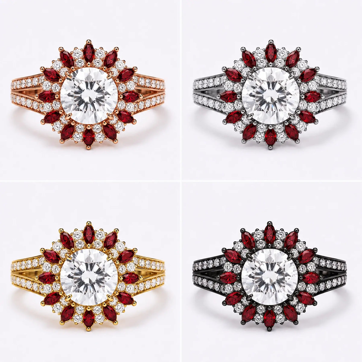 Gothic halo cluster ring shown in black gold, white gold, rose gold, and yellow gold