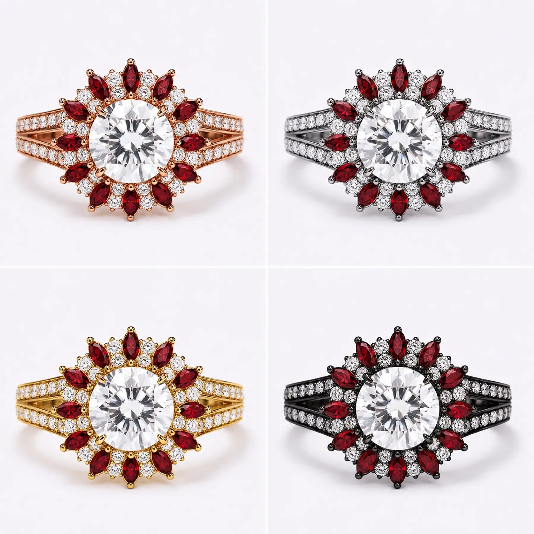 Gothic halo cluster ring shown in black gold, white gold, rose gold, and yellow gold