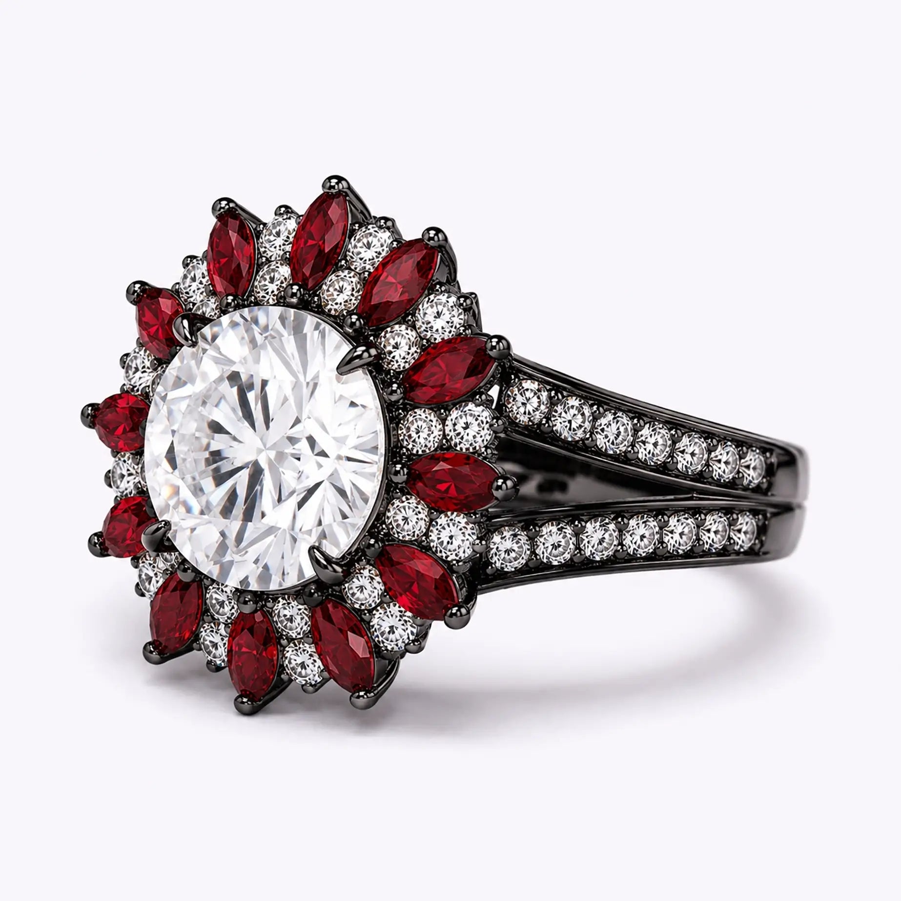 Left view of ruby halo cluster ring with pavé black gold double band