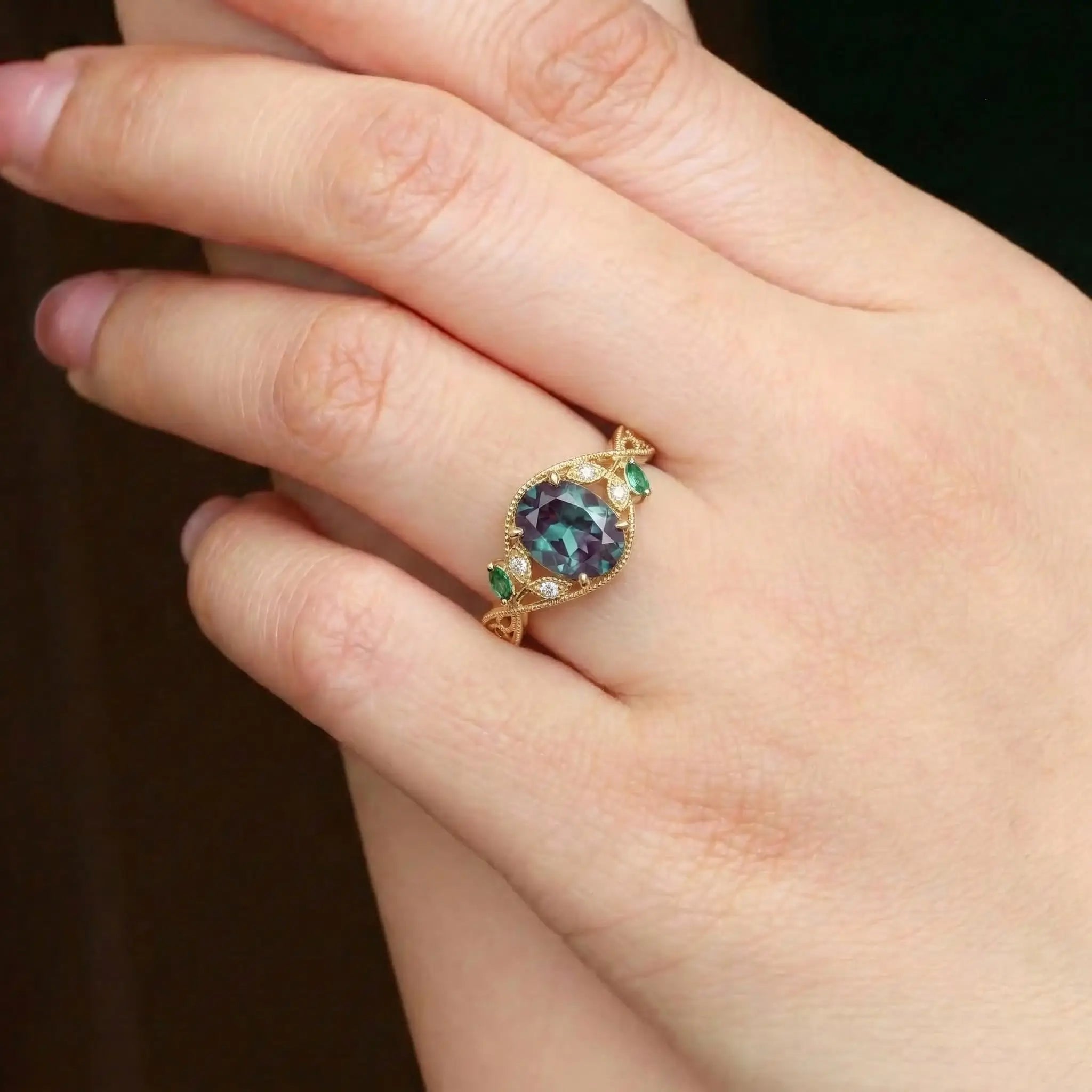 unique vintage oval emerald leaf engagement ring may birthstone ring with filigree design for women