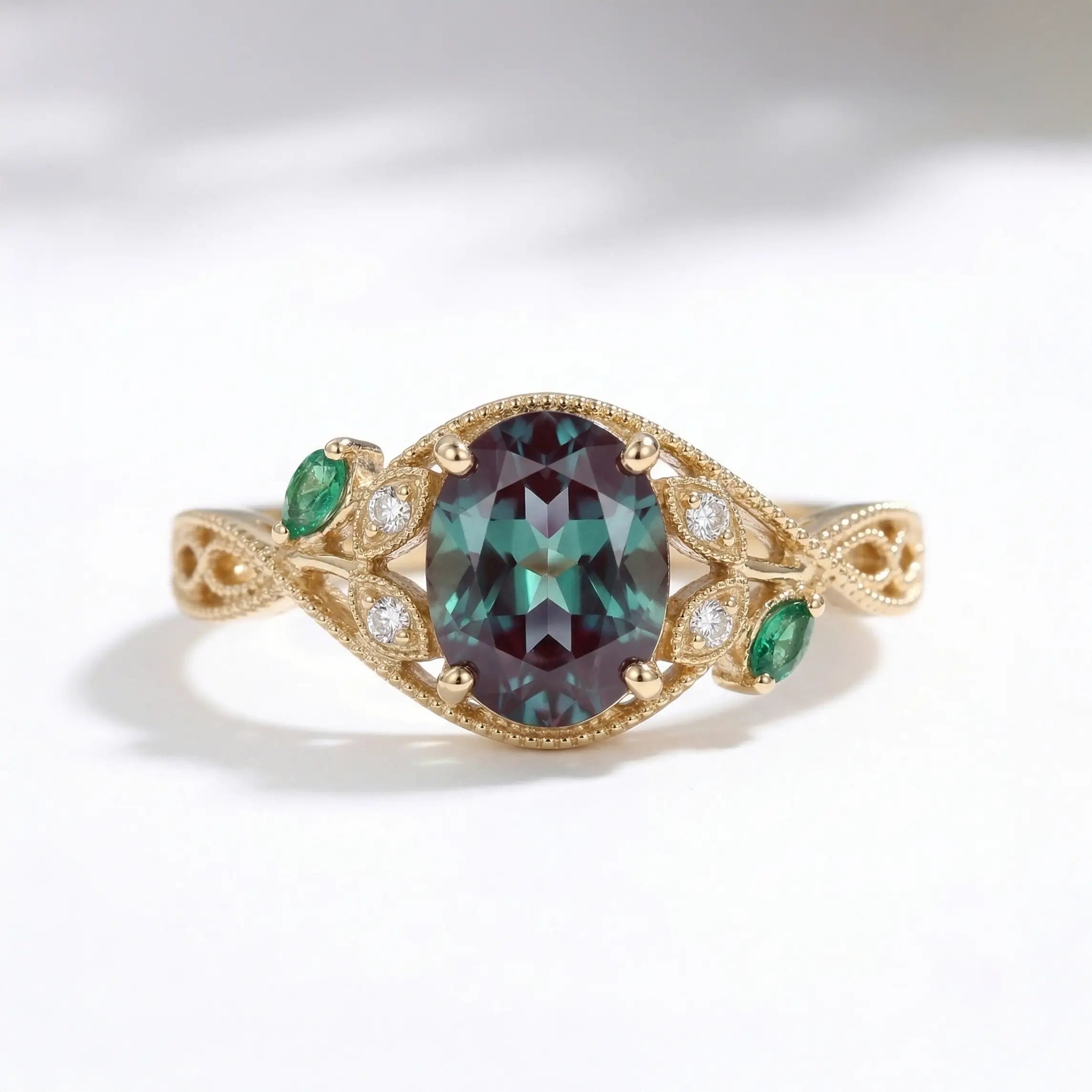 vintage oval emerald engagement ring edwardian leaf filigree ring with marquise emerald and moissanite accents