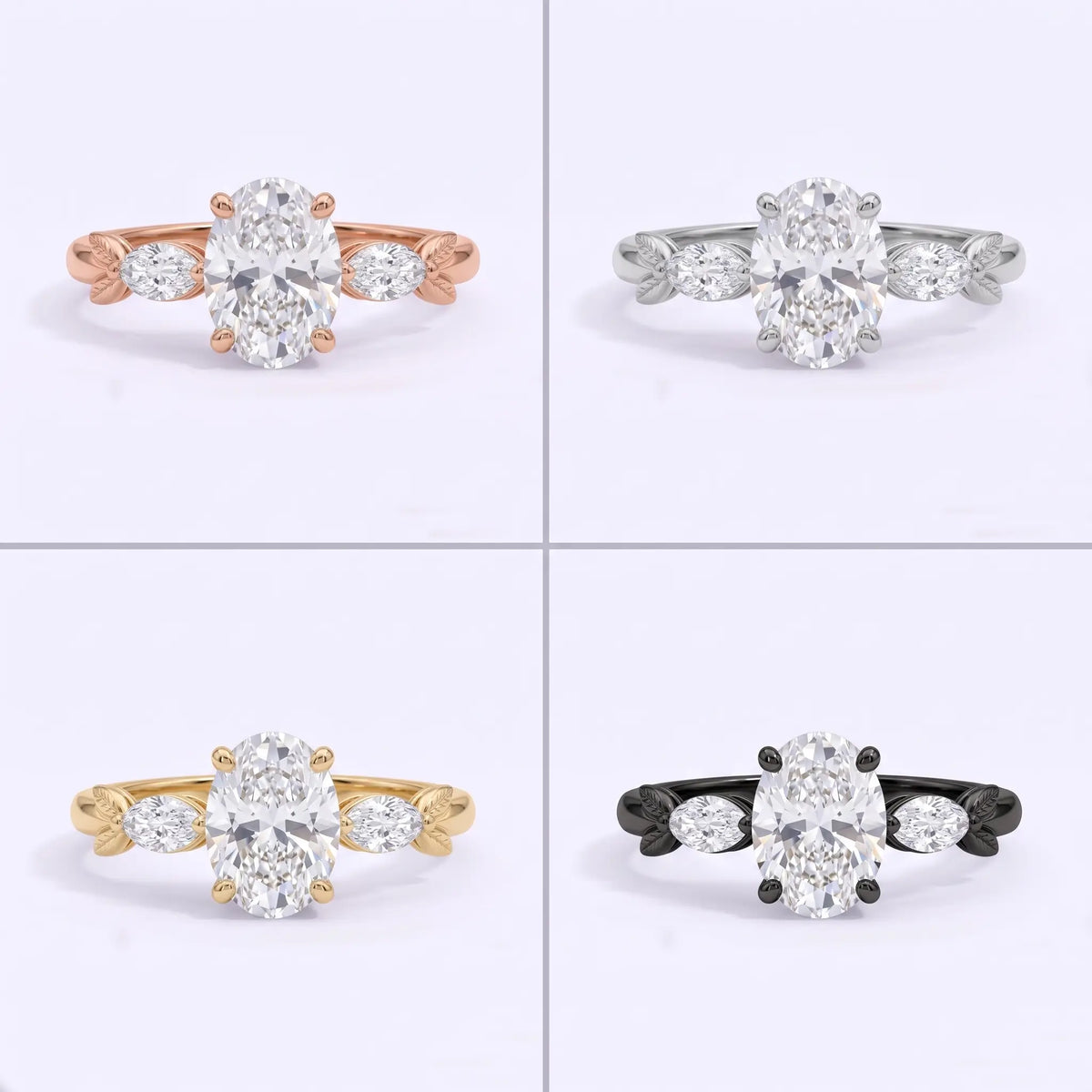 Oval moissanite botanical three stone engagement ring shown in yellow gold white gold rose gold and black gold finishes