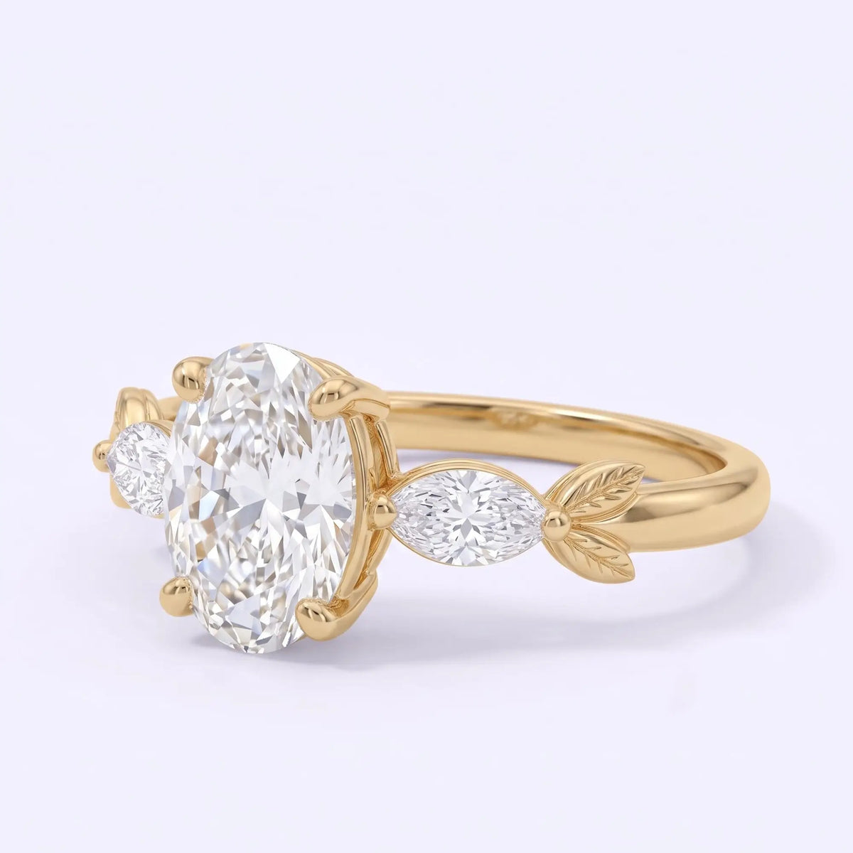 Front view of minimalist oval moissanite engagement ring featuring two marquise cut accents and symmetrical leaf detailing