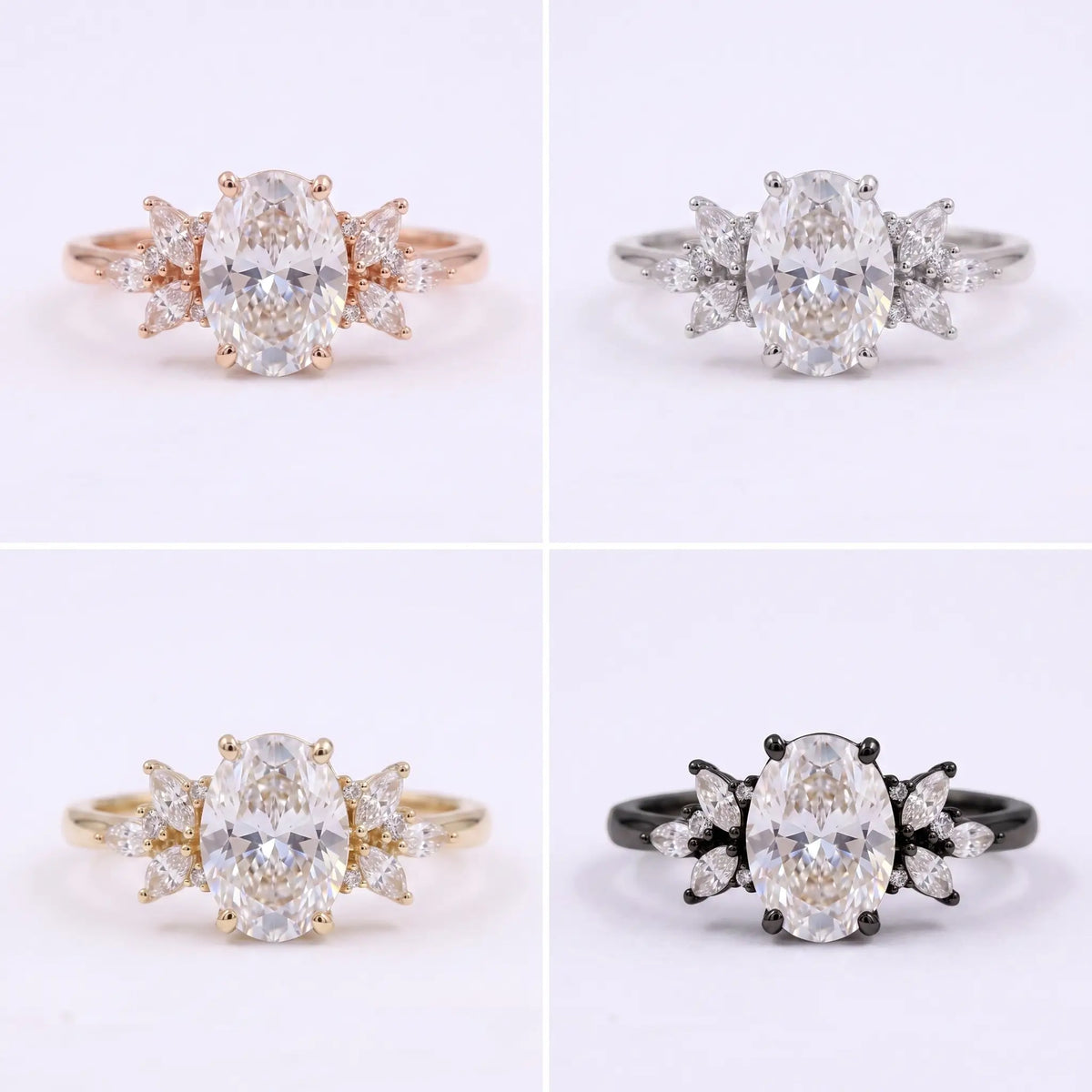 Four-color grid of the oval moissanite cluster ring in black gold, white gold, rose gold, and yellow gold