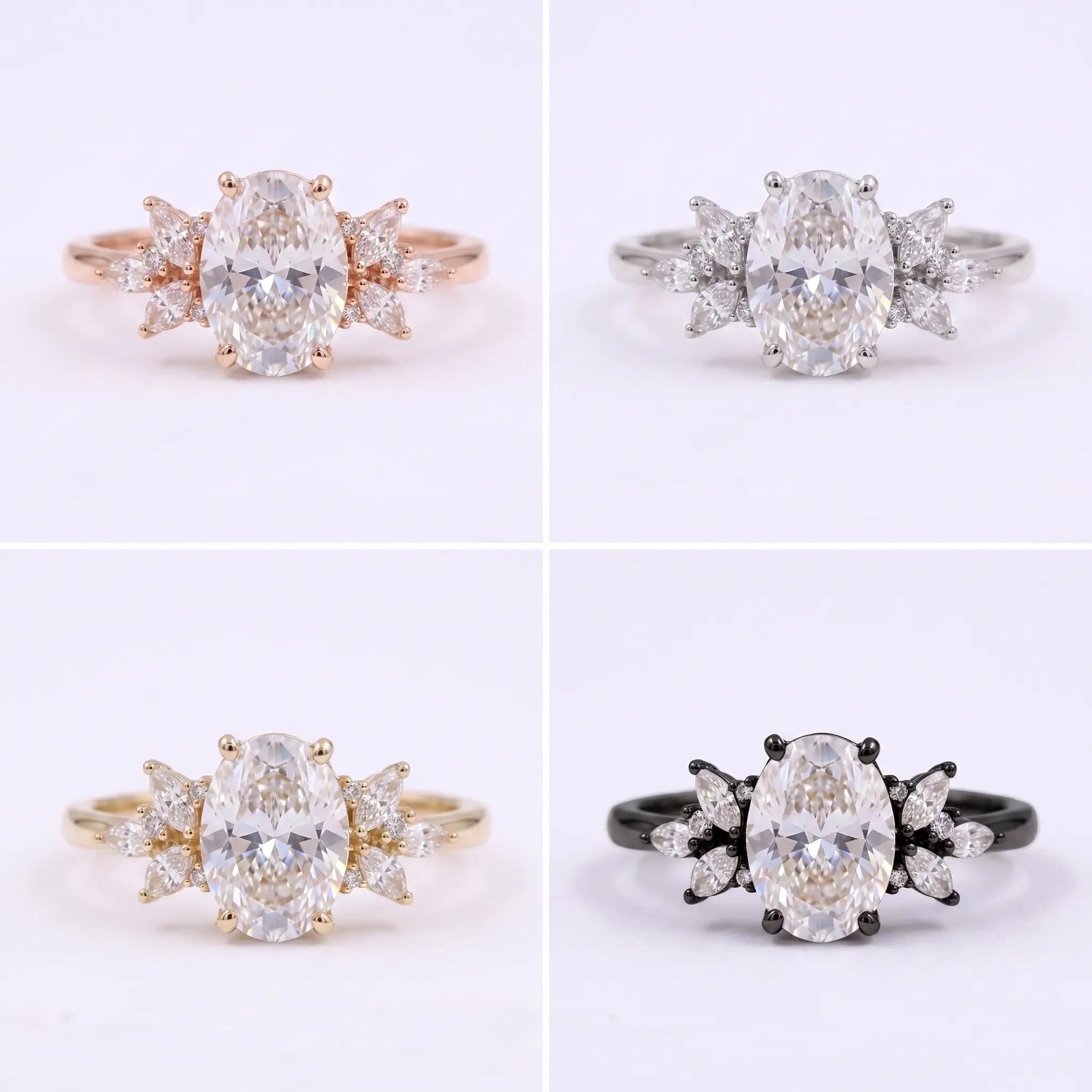 Four-color grid of the oval moissanite cluster ring in black gold, white gold, rose gold, and yellow gold