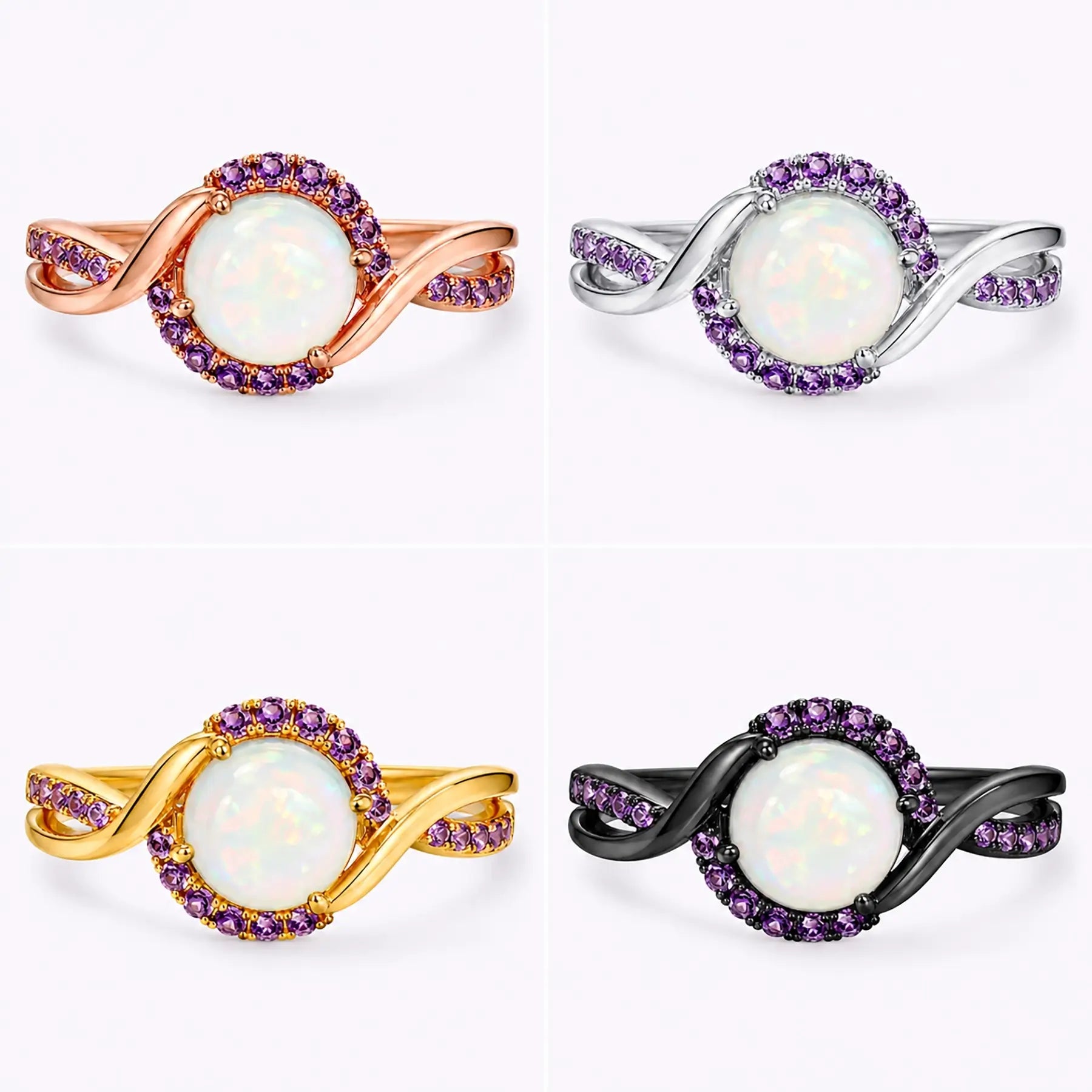 Close-up of natural white opal center stone with round amethyst halo accents - 4color 