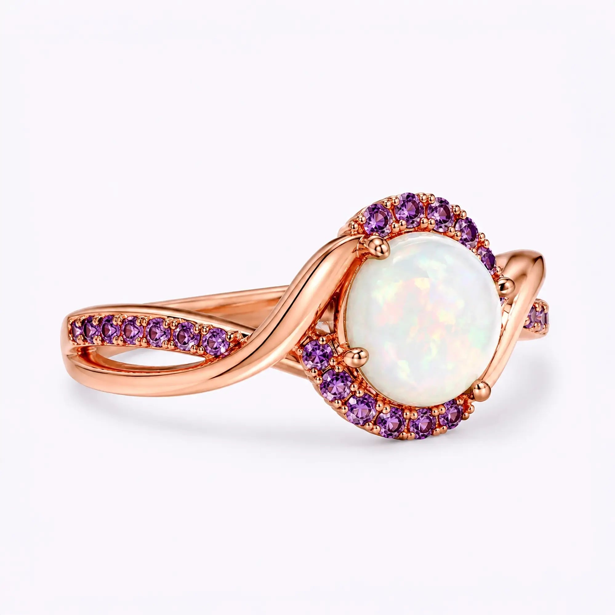 Side view of classic opal halo ring showing curved gold band structure