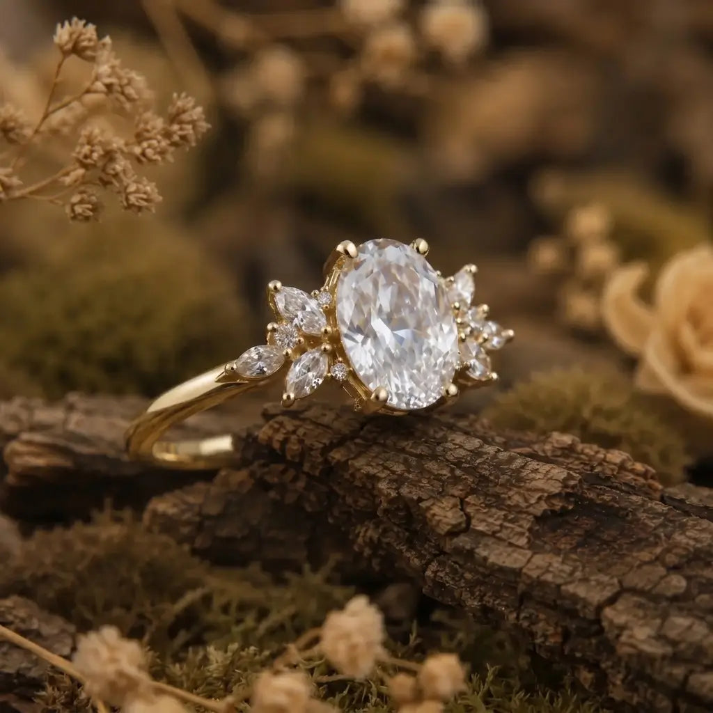 Close-up of an oval moissanite cluster ring with 6 marquise and 6 round accent stones