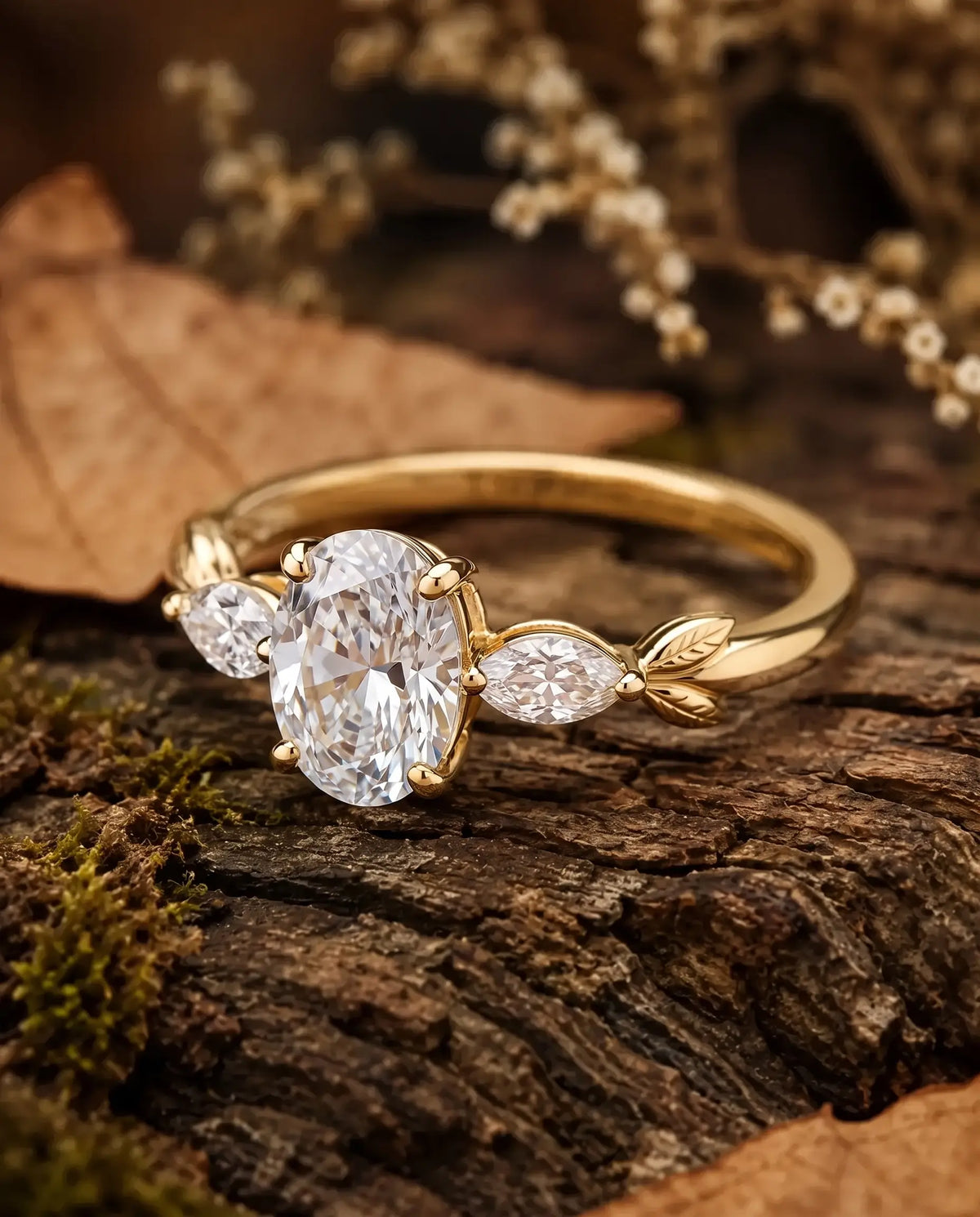 Minimalist three stone design combining one oval moissanite and two marquise accents with elegant botanical gold details