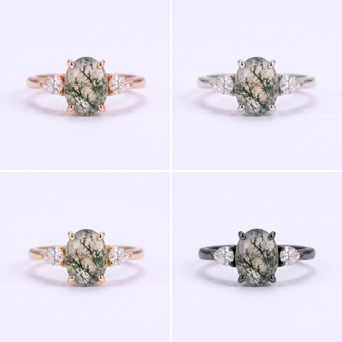 Classic moss agate ring shown in different solid gold color options