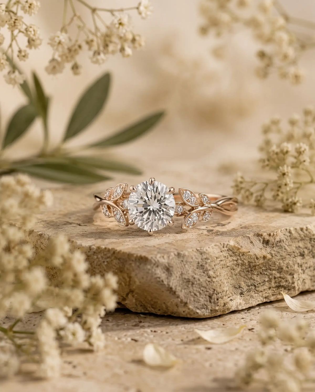 Romantic floral leaf ring with round accent stones