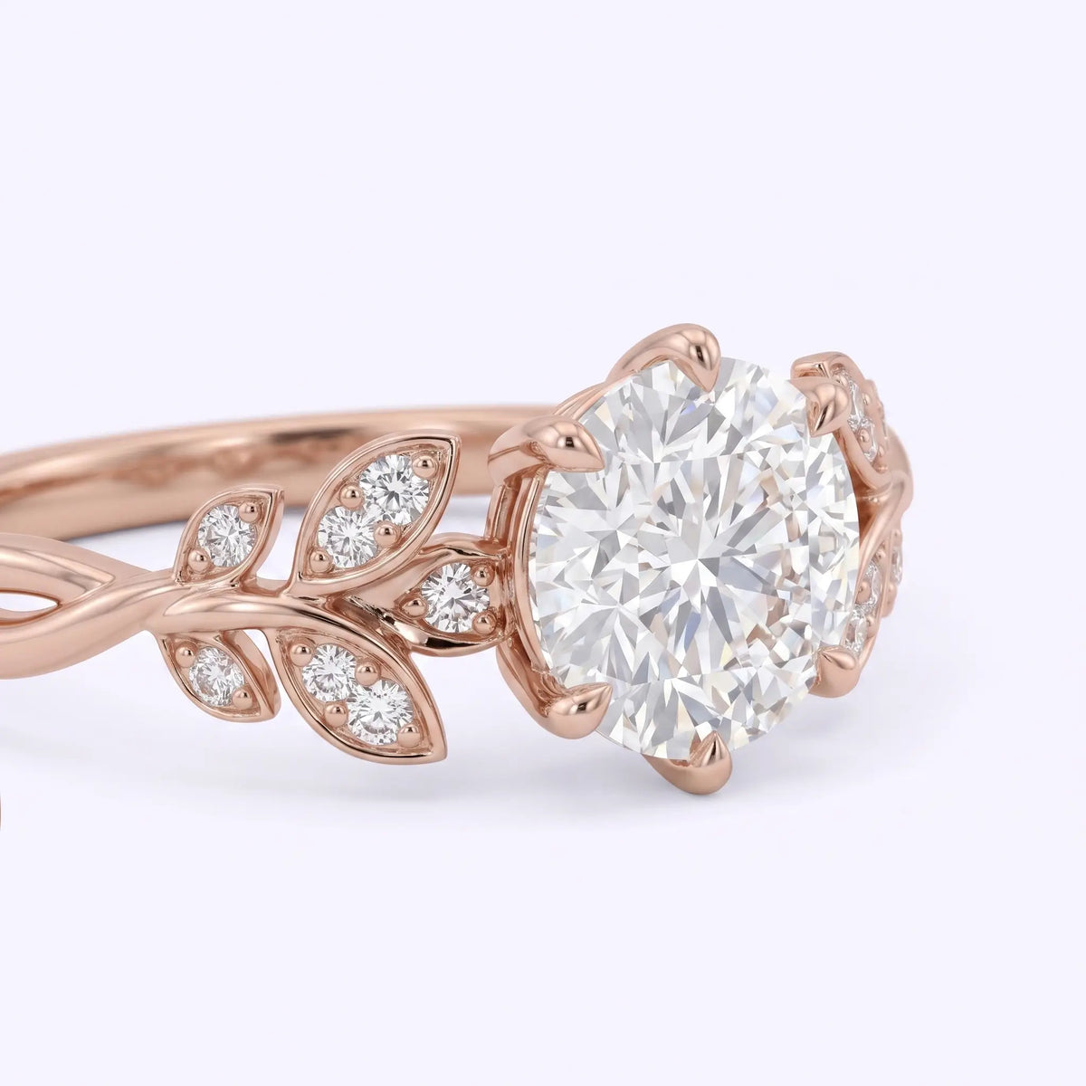 Botanical engagement ring with round moissanite and petal setting