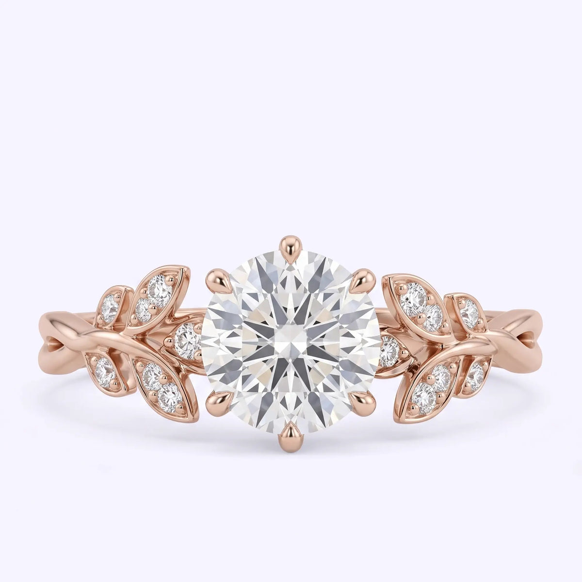 Round moissanite floral leaf engagement ring in rose gold