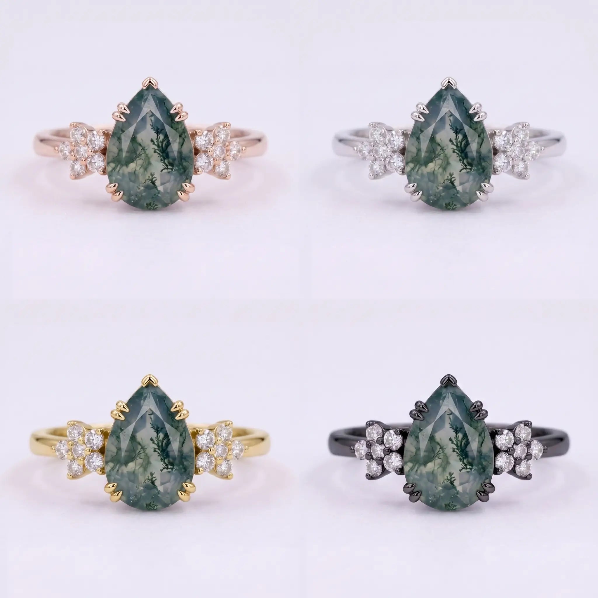 Front view matrix of Eldoria pear moss agate ring in black gold, rose gold, yellow gold, and white gold