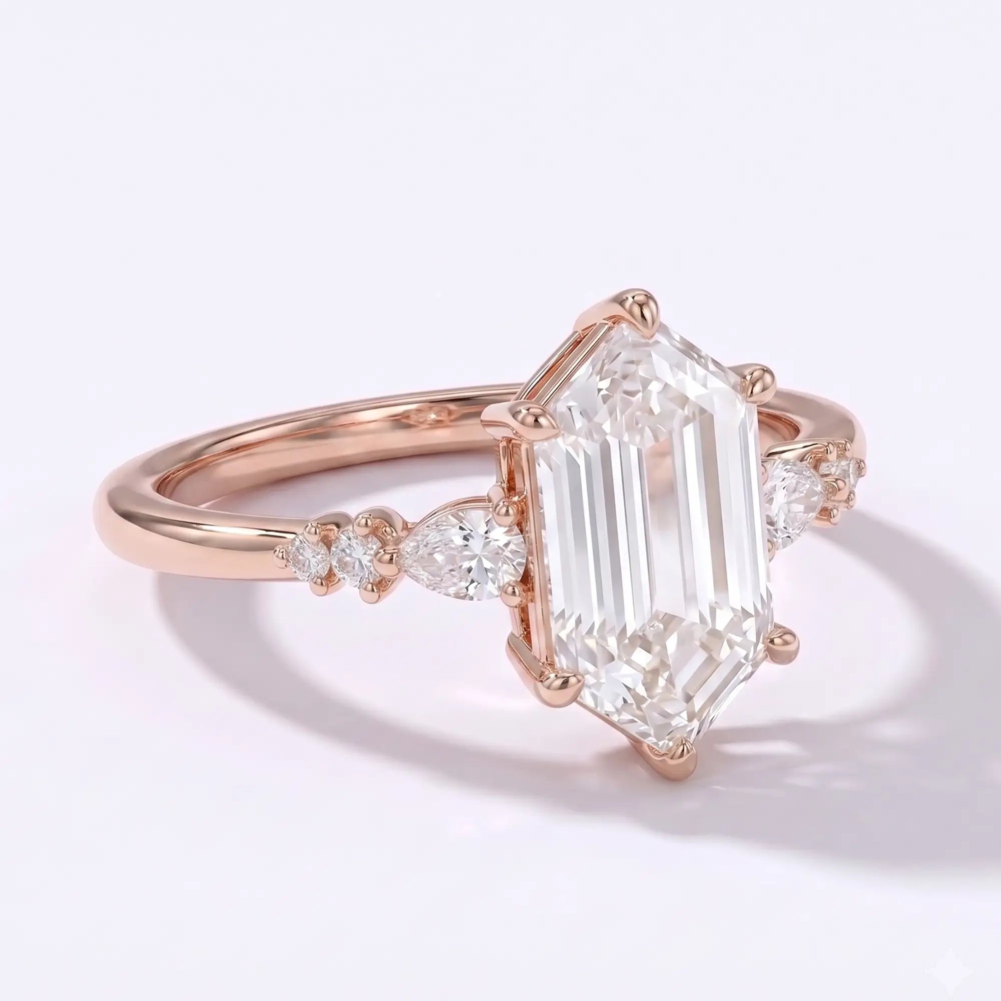 Side profile view of a dainty 1.7mm solid gold hexagon ring band showing low-profile cluster rings