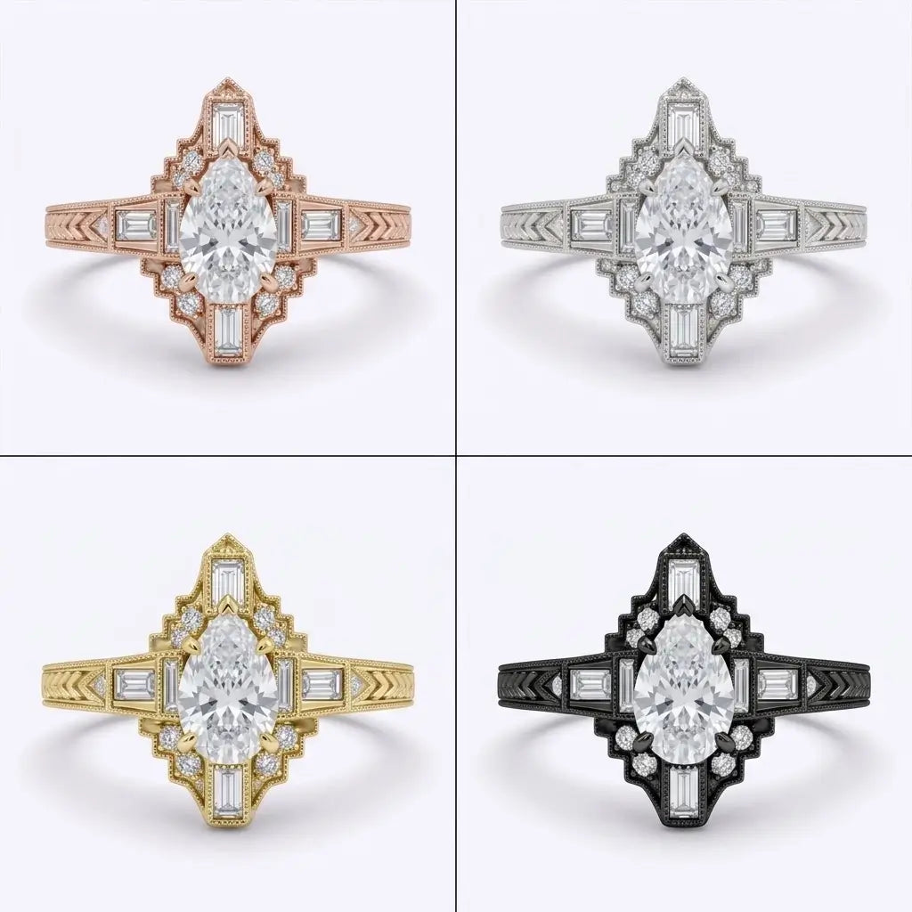 Vintage Art Deco pear moissanite halo ring available in yellow gold white gold rose gold and black gold