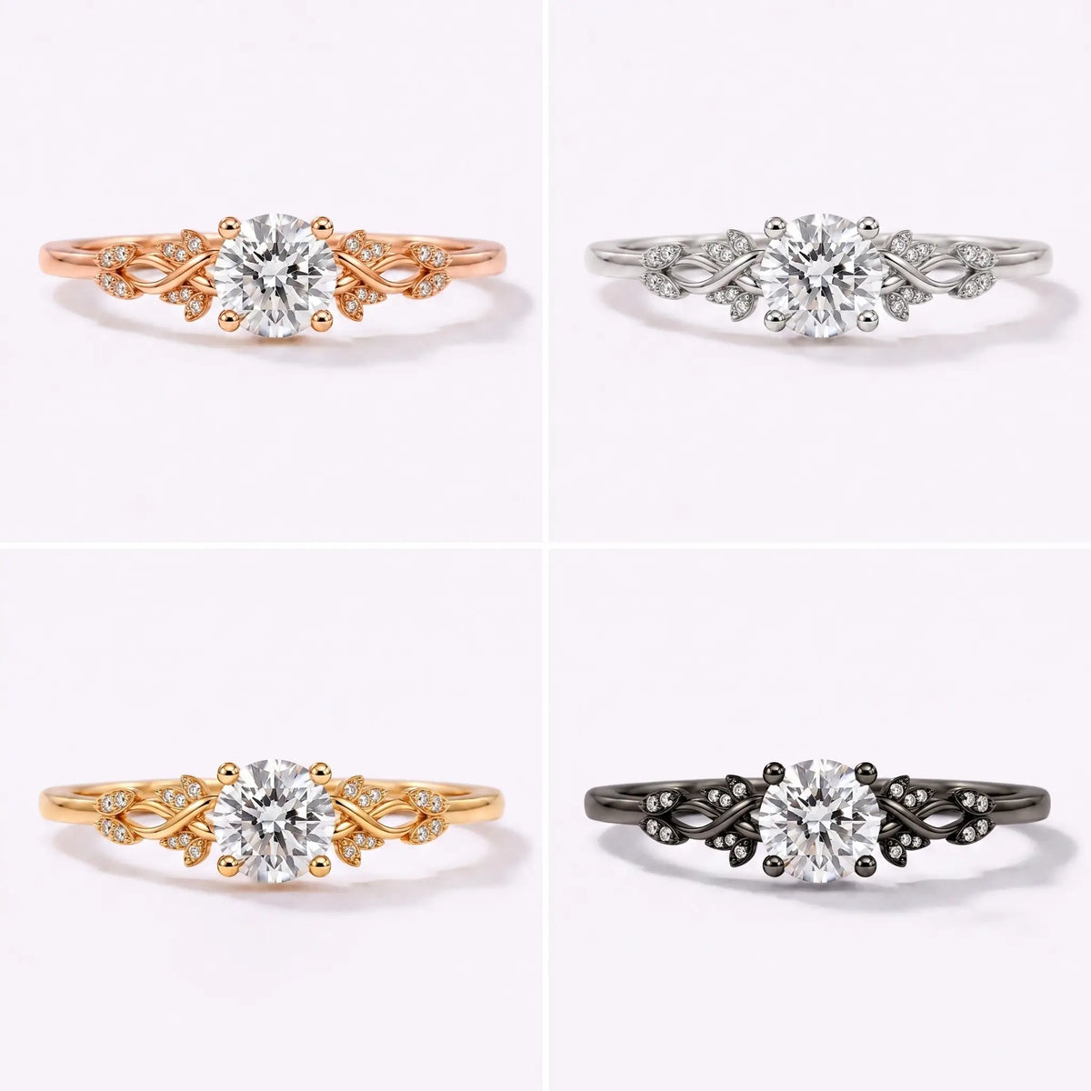 Side profile of nature inspired gold diamond ring with vine design
