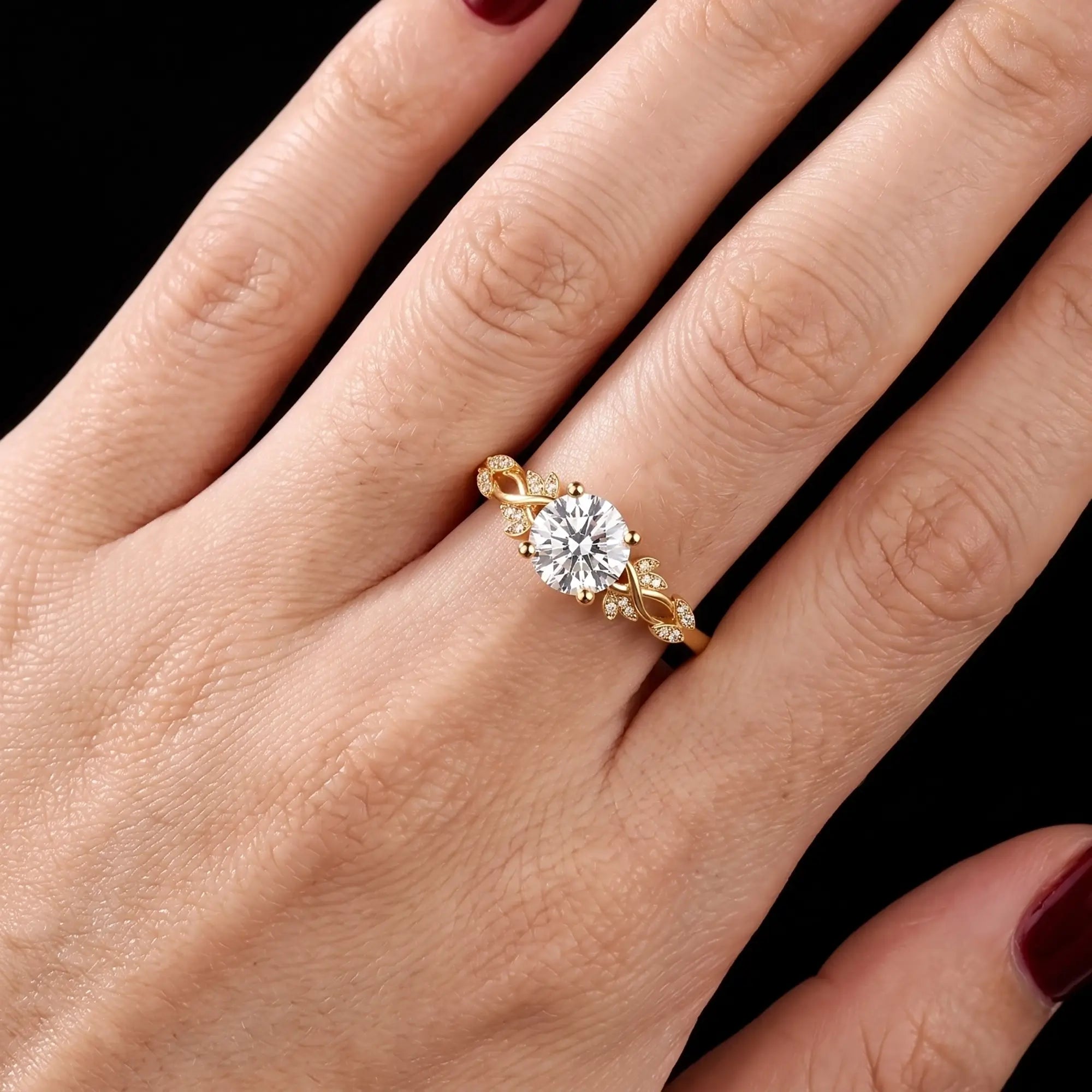 Round cut lab diamond leaf engagement ring with natural diamond accents in gold