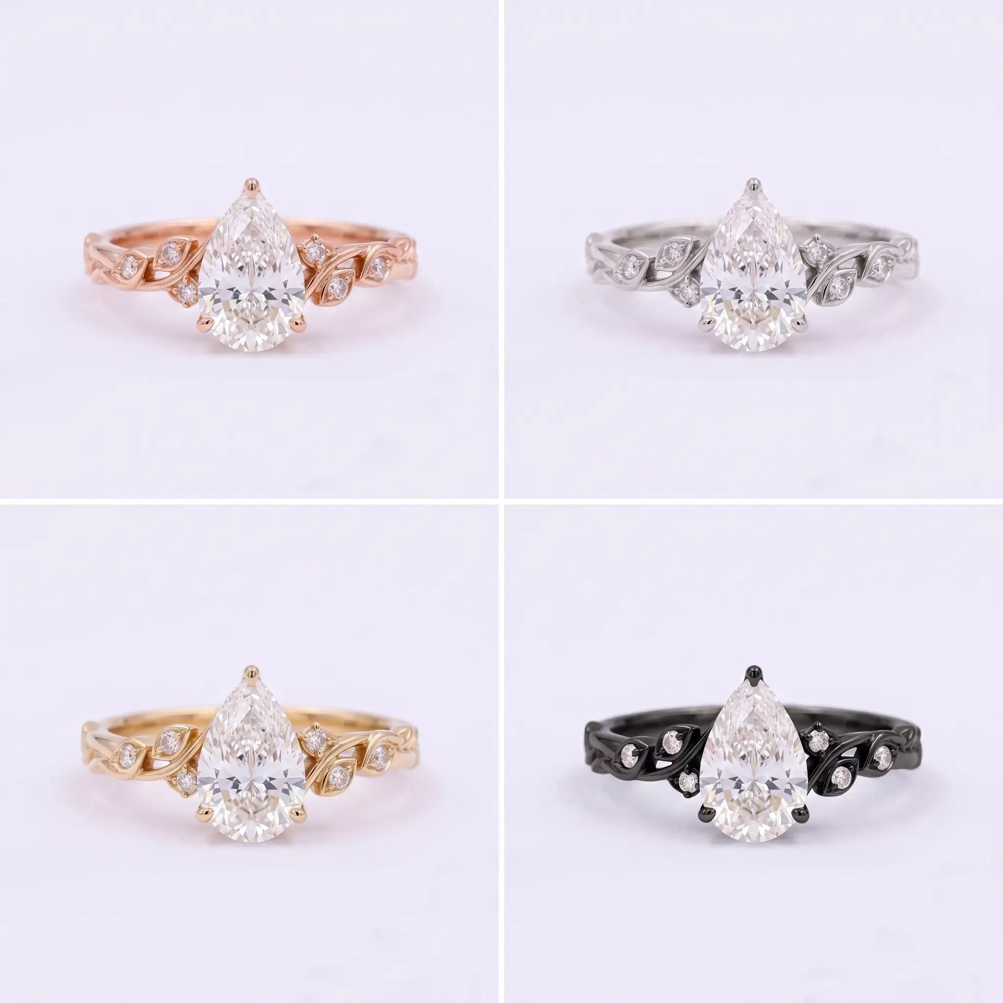 Pear cut moissanite botanical ring shown in multiple metal color options