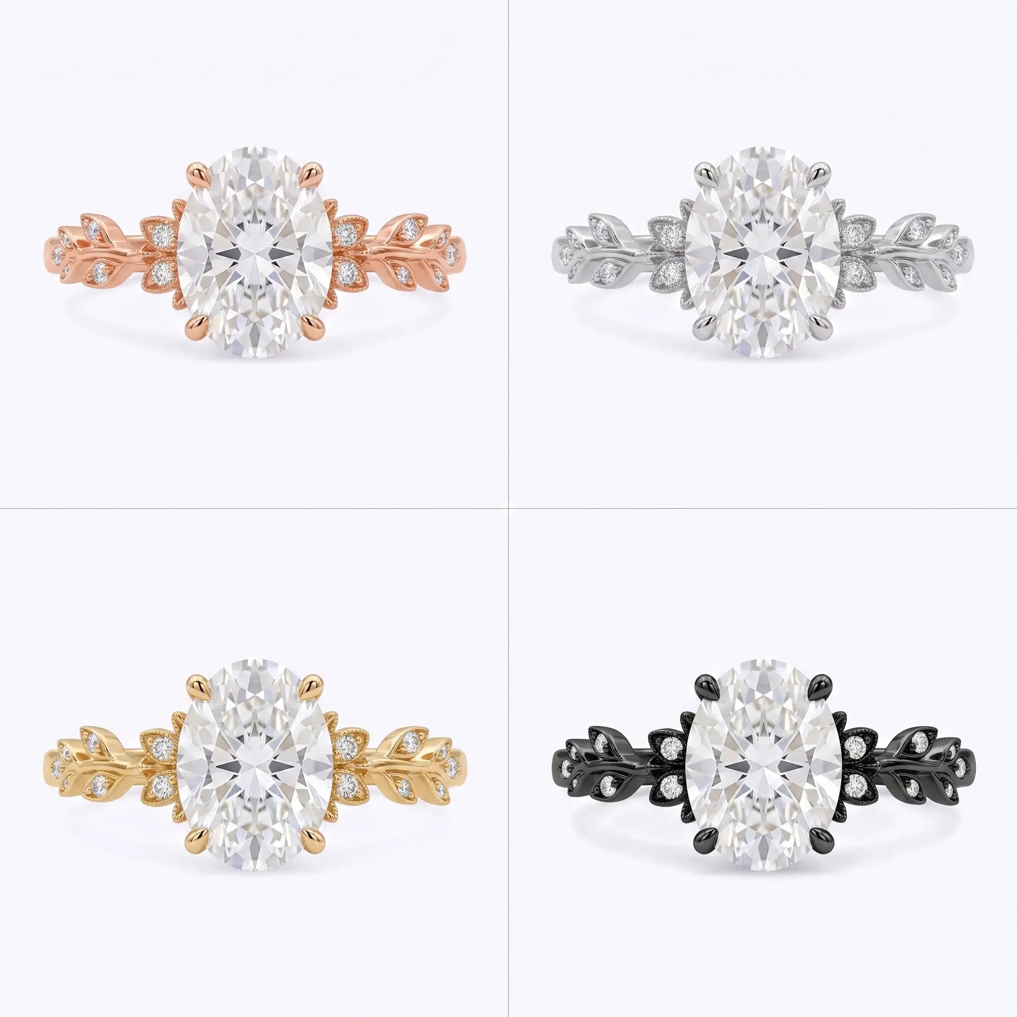 Oval moissanite leaf ring shown in yellow gold, rose gold, white gold, and black gold