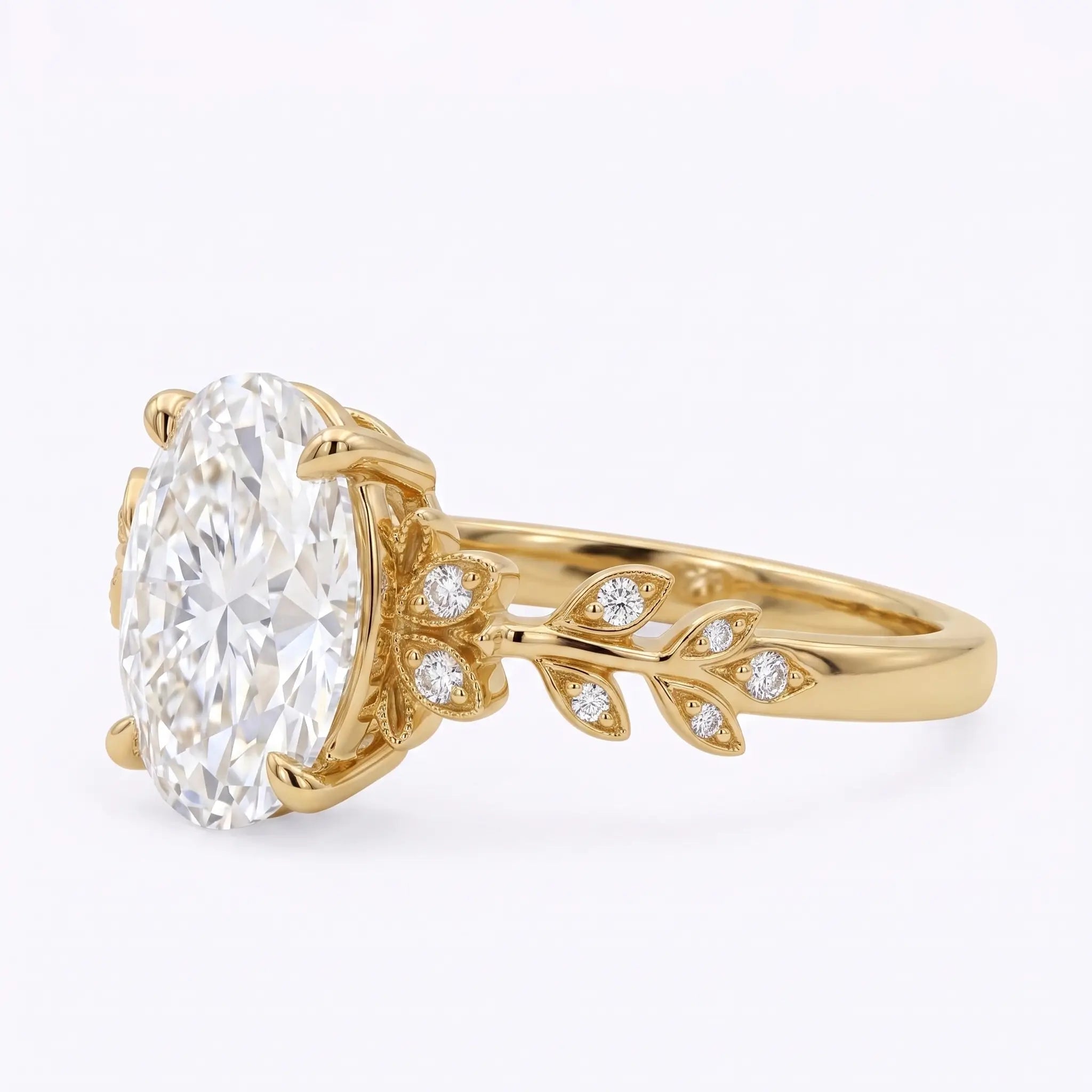 Front view of oval moissanite leaf engagement ring with round accent stones