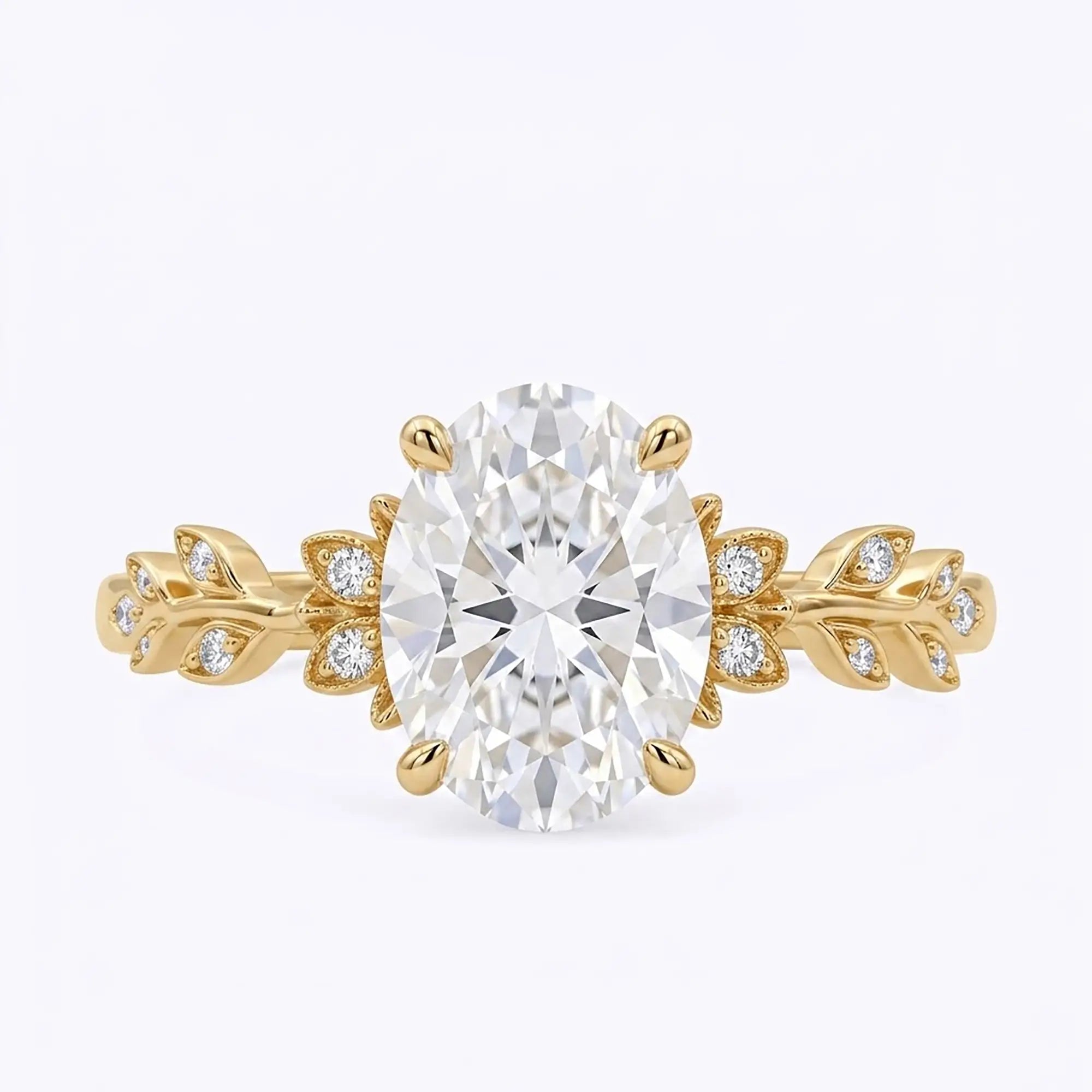 Oval moissanite nature inspired leaf engagement ring in yellow gold