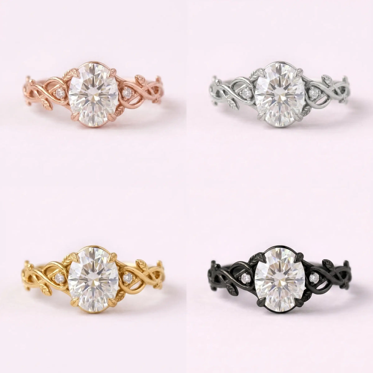 Front view matrix of Elowen oval moissanite branch ring in black gold, rose gold, yellow gold, and white gold