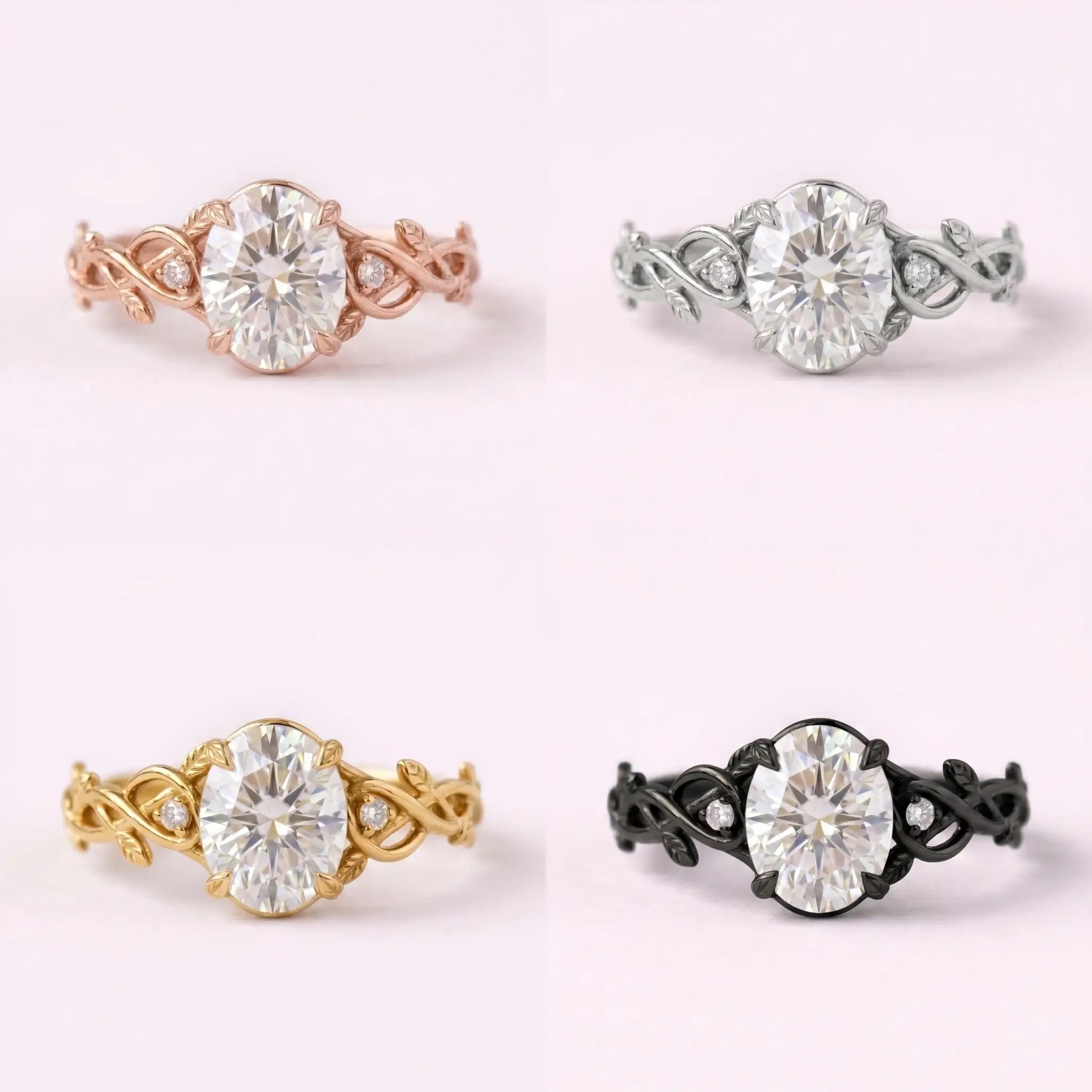 Front view matrix of Elowen oval moissanite branch ring in black gold, rose gold, yellow gold, and white gold