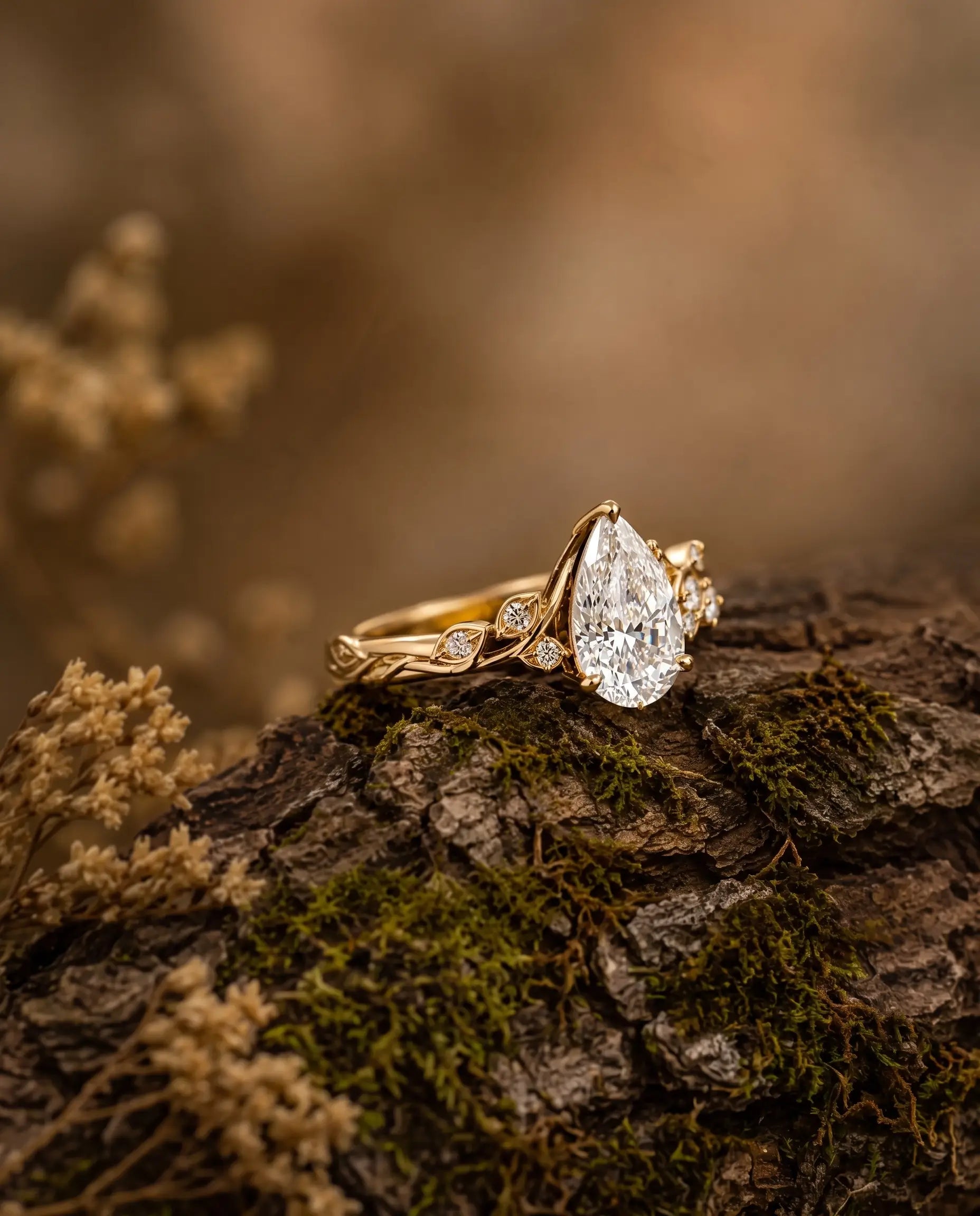 Feminine botanical leaf moissanite ring for anniversary or engagement