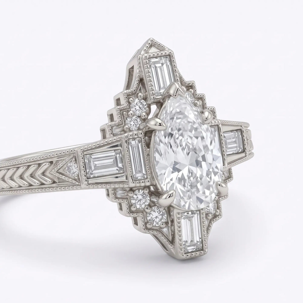 Side view of vintage Art Deco pear halo ring with chevron-inspired shoulder design
