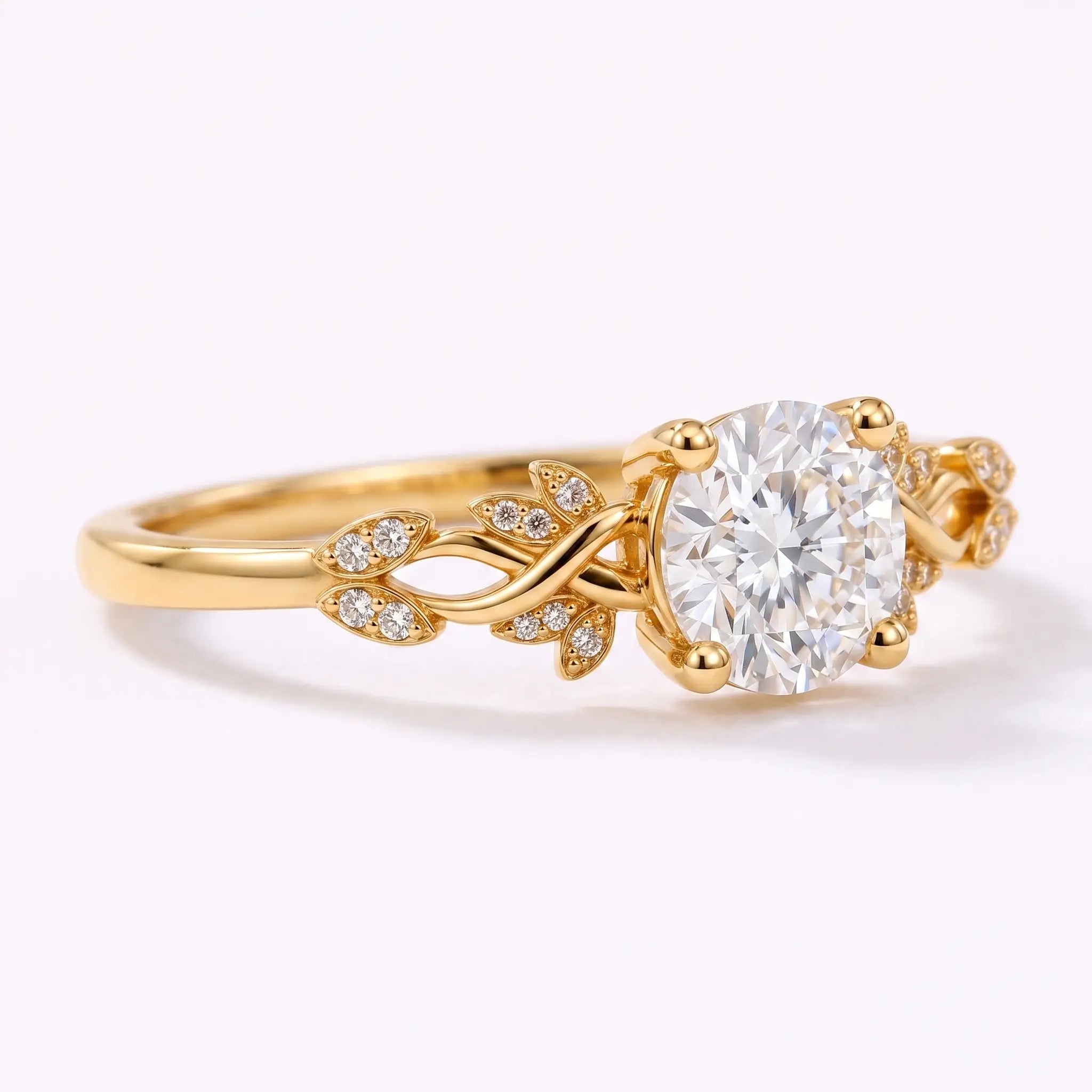 Side profile of nature inspired gold diamond ring with vine design