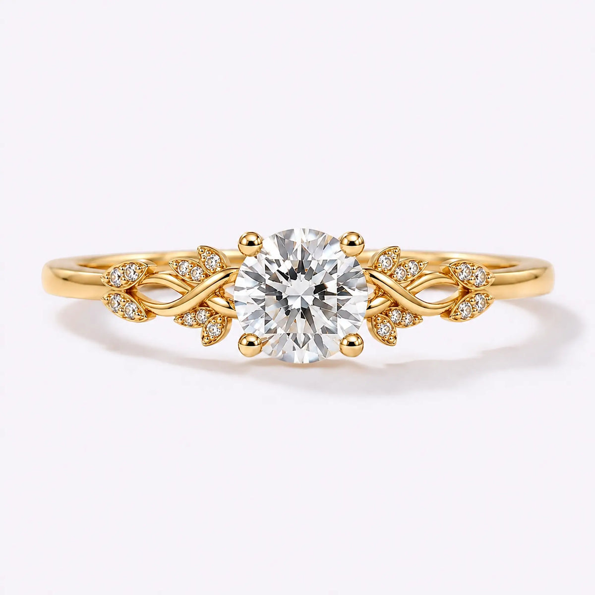 Round cut lab diamond leaf engagement ring with natural diamond accents in gold