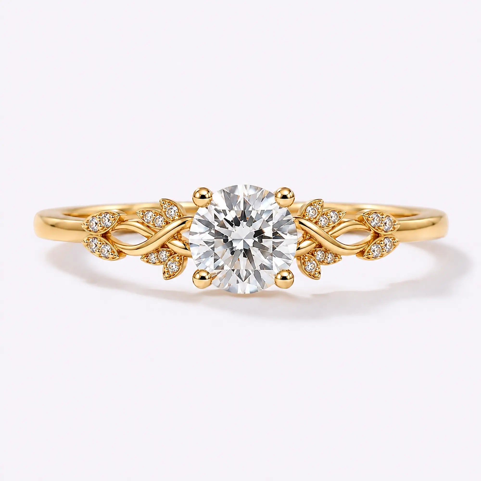 Round cut lab diamond leaf engagement ring with natural diamond accents in gold