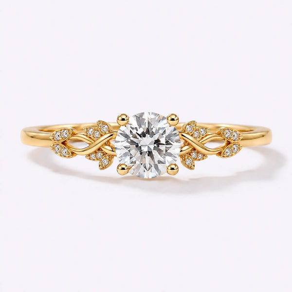 Round cut lab diamond leaf engagement ring with natural diamond accents in gold