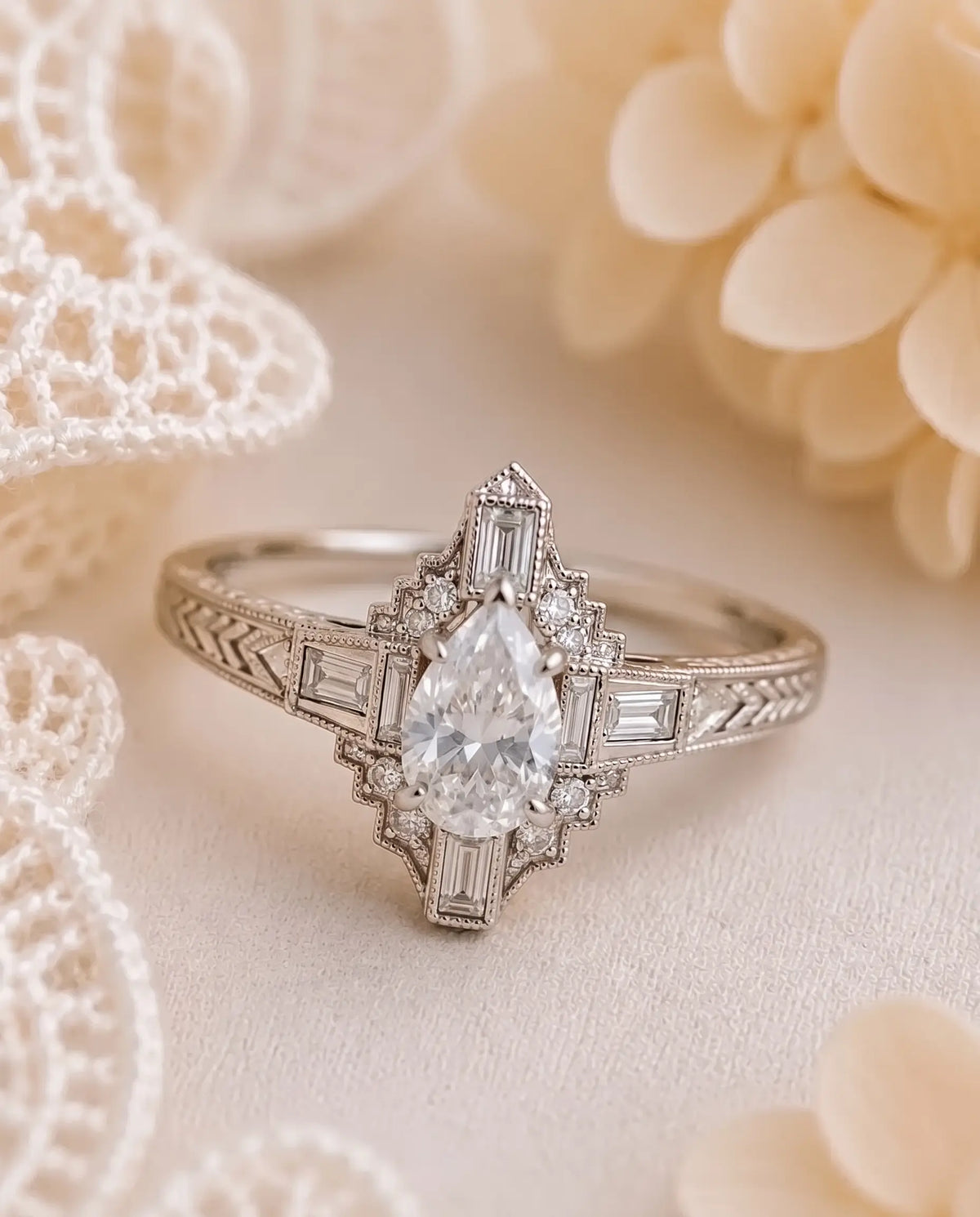 Chevron shoulder and milgrain band detail on vintage pear moissanite ring