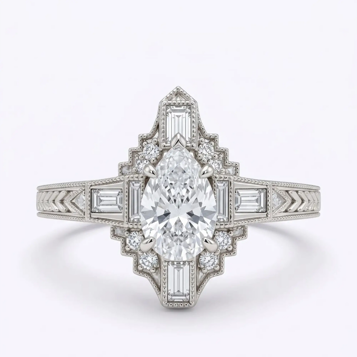 Vintage Art Deco pear cut moissanite halo engagement ring with baguette and round moissanite accents in white gold