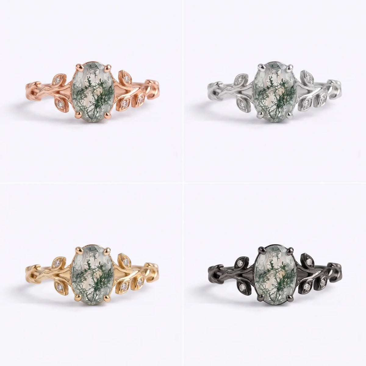 Oval moss agate leaf ring shown in black gold, white gold, rose gold, and yellow gold