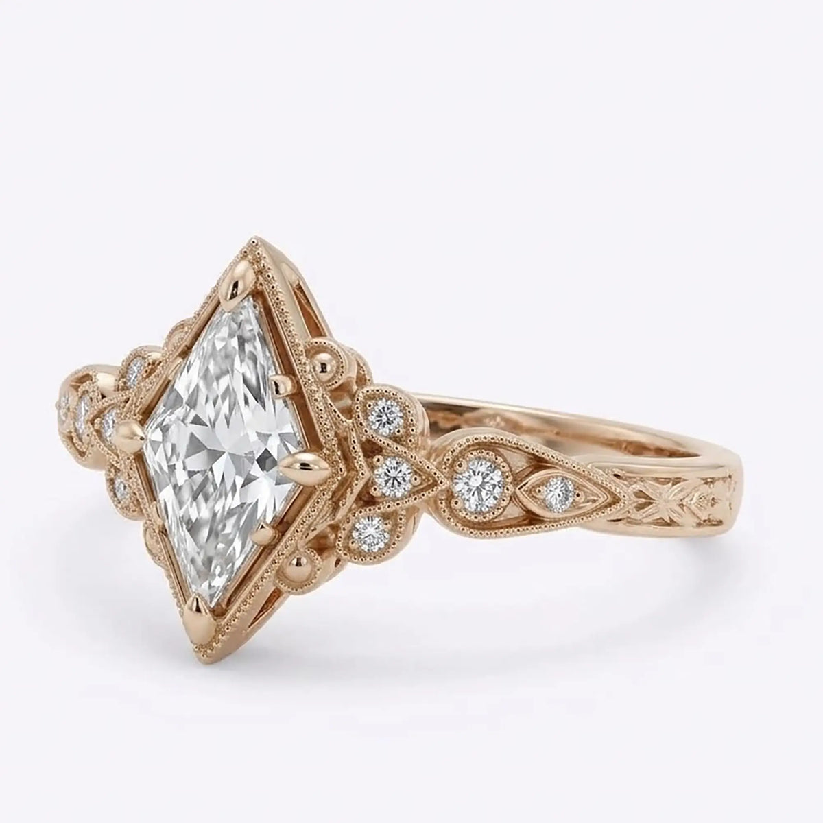 Edwardian kite cut moissanite ring with round accent stones