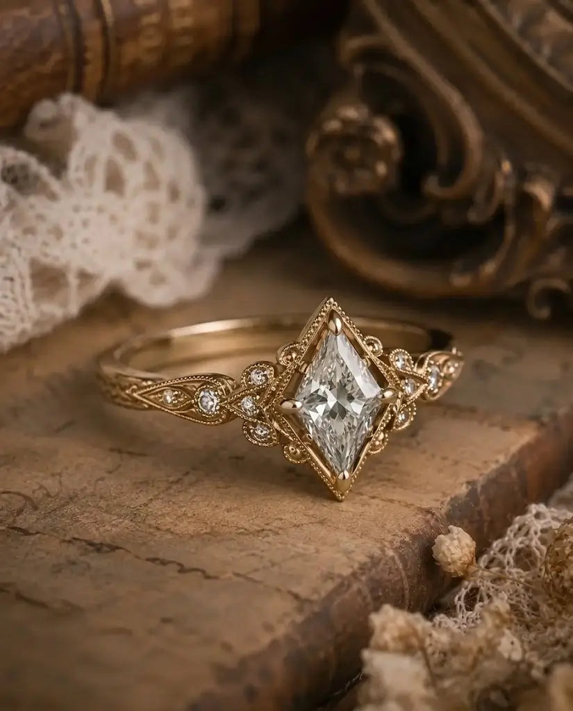 Edwardian style kite cut moissanite ring in rose gold handmade unique gold ring