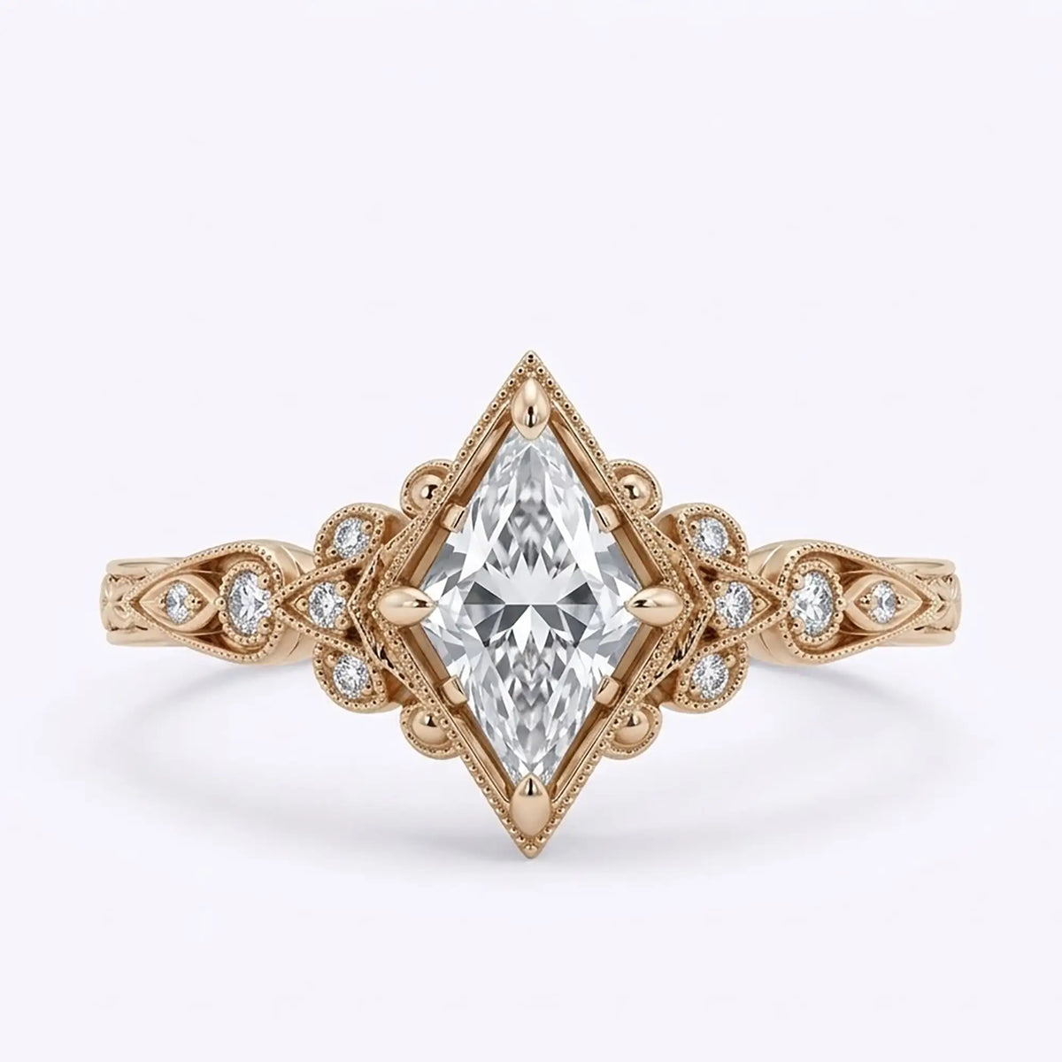 Vintage kite cut moissanite engagement ring in gold