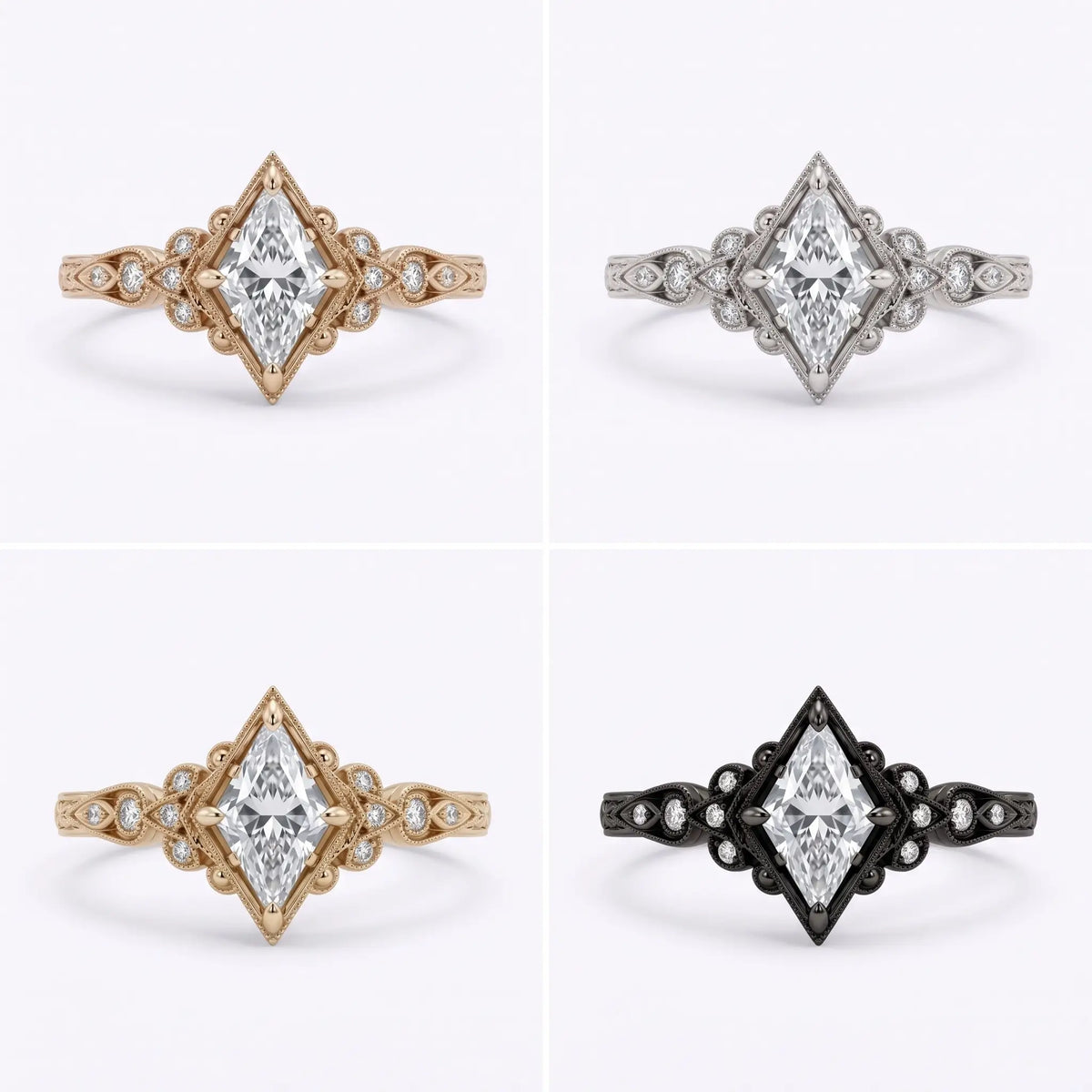 Kite cut moissanite ring shown in multiple metal colors