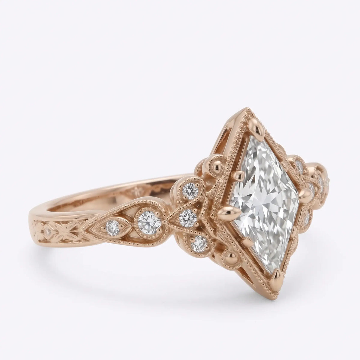 Side view of antique inspired kite moissanite cluster ring