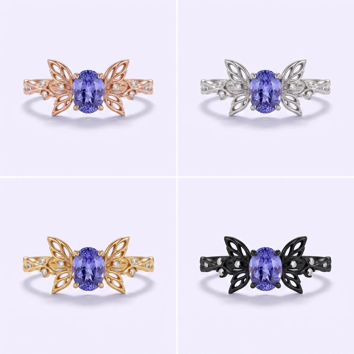 Butterfly sapphire ring in black gold, white gold, rose gold, and yellow gold
