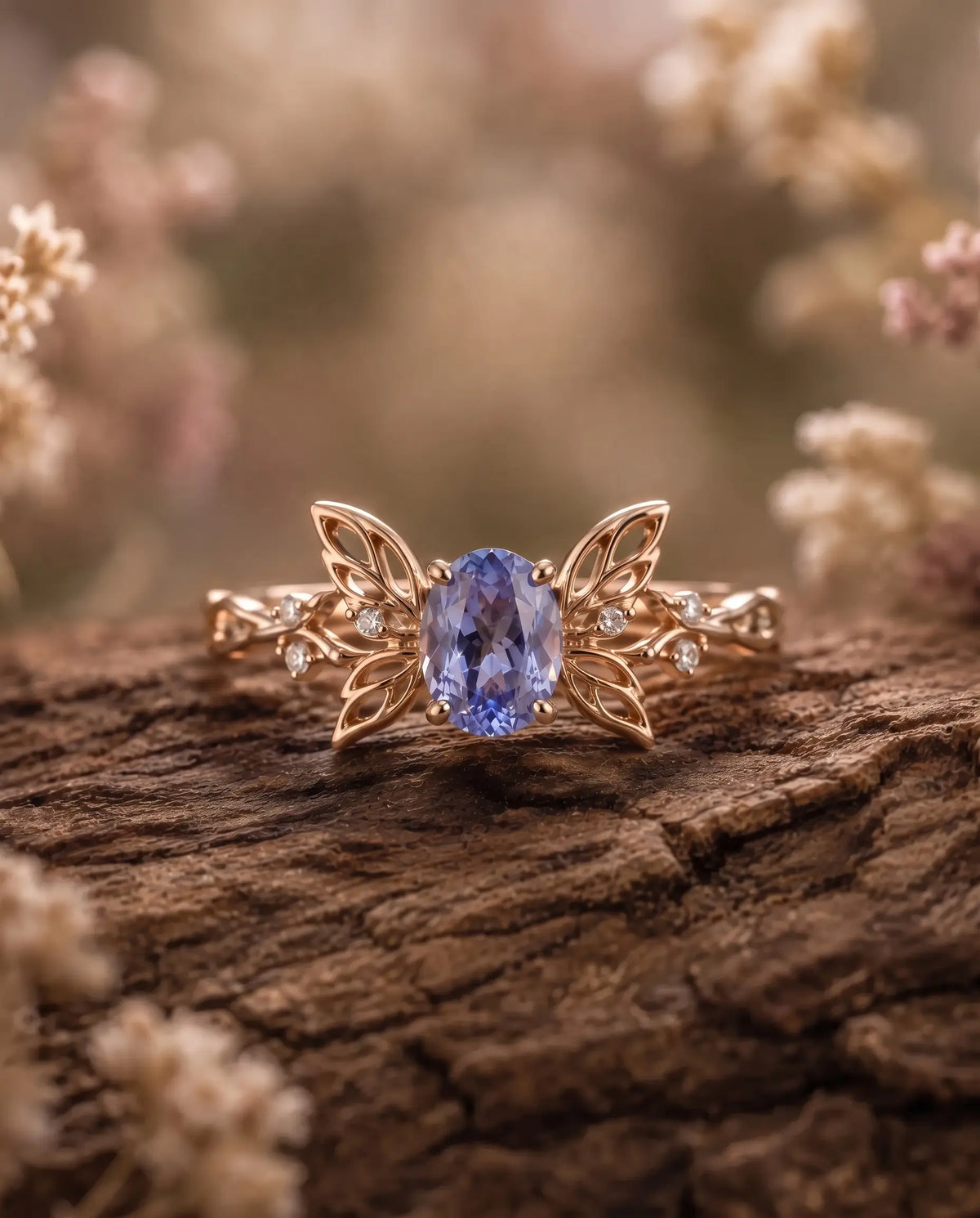 Botanical butterfly gold ring with sapphire and moissanite accents