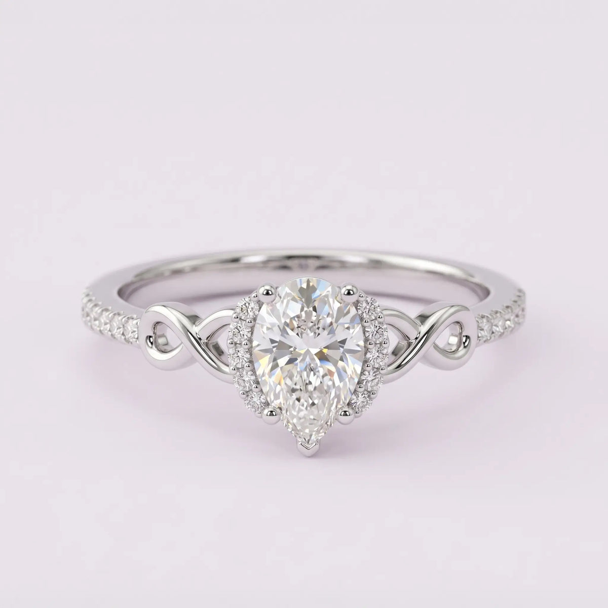 Handcrafted pear moissanite infinity halo white gold engagement ring - Elysia by Orleone