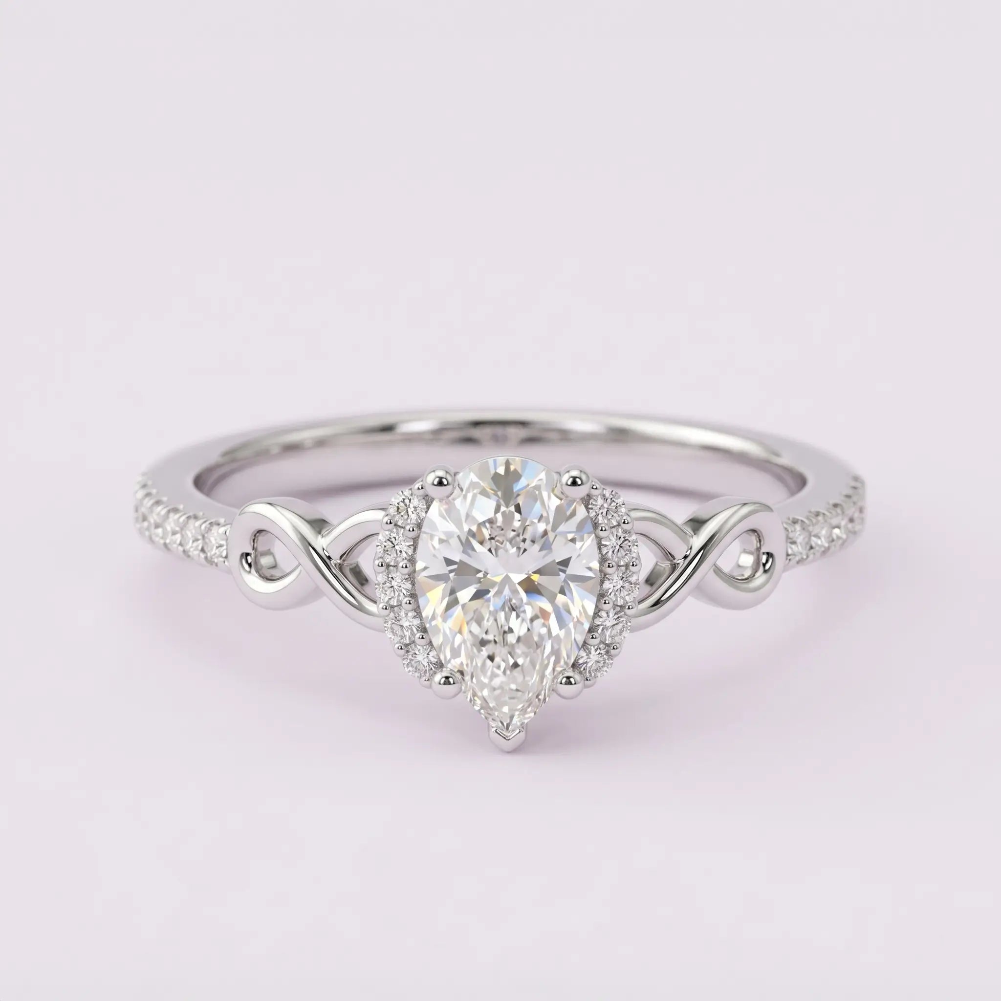 Handcrafted pear moissanite infinity halo white gold engagement ring - Elysia by Orleone