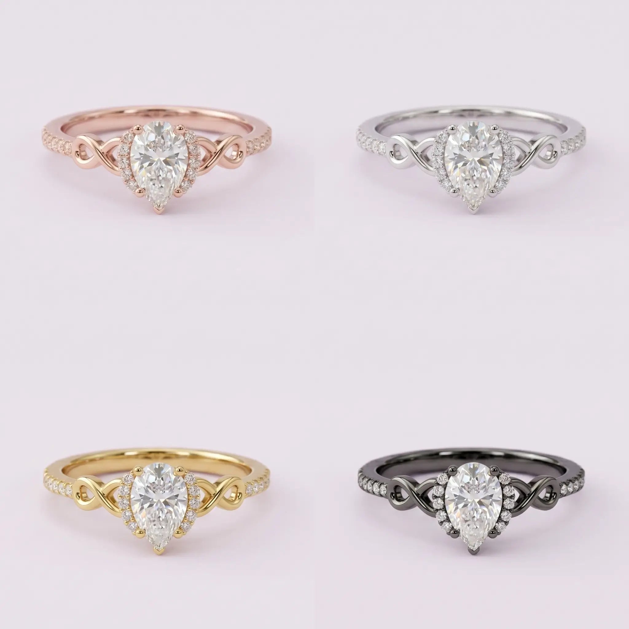 Front view matrix of Elysia pear moissanite ring in black gold, rose gold, yellow gold, and white gold