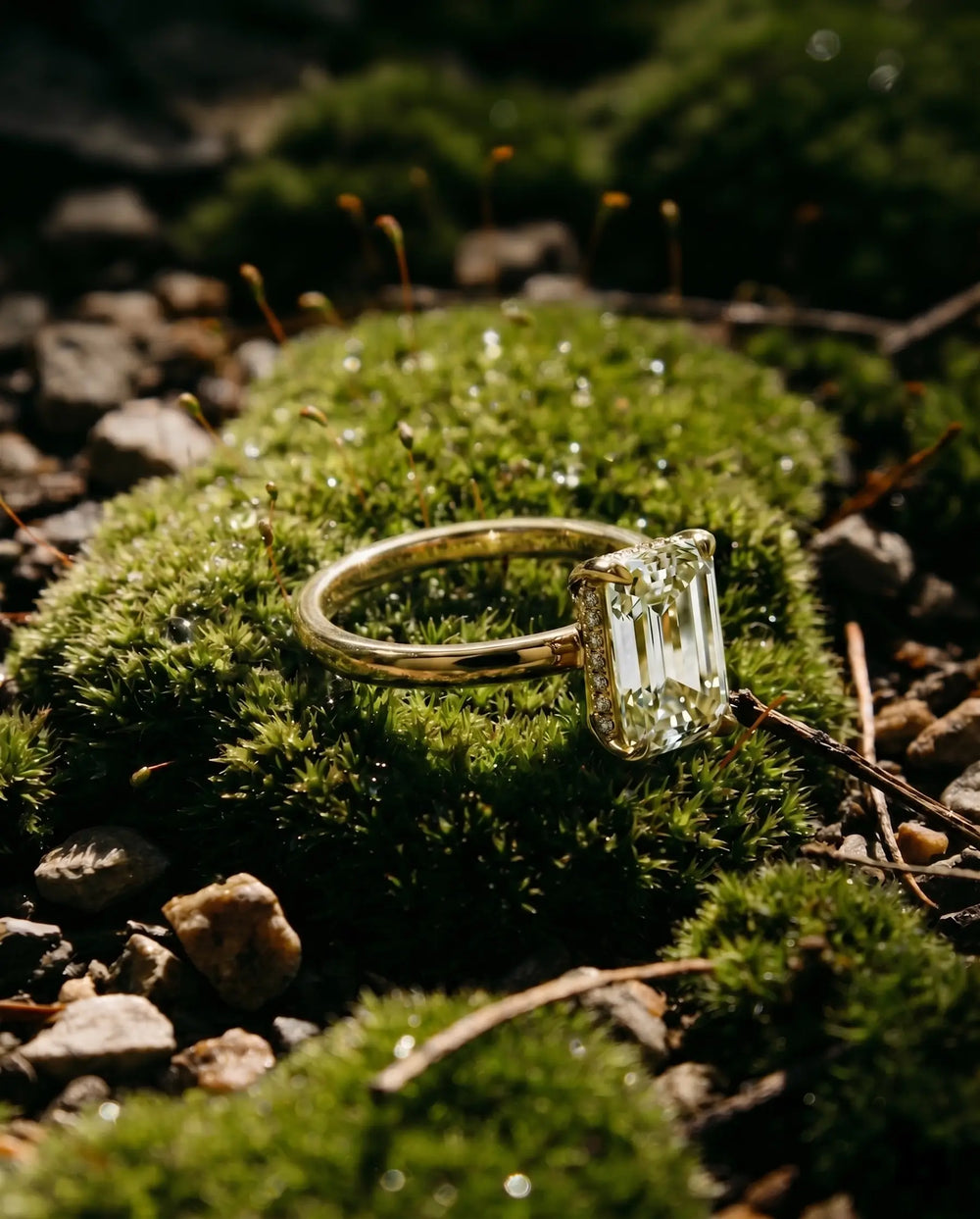 moissanite and emerald engagement ring, stacked or matching band view with nature-inspired handcrafted jewelry details