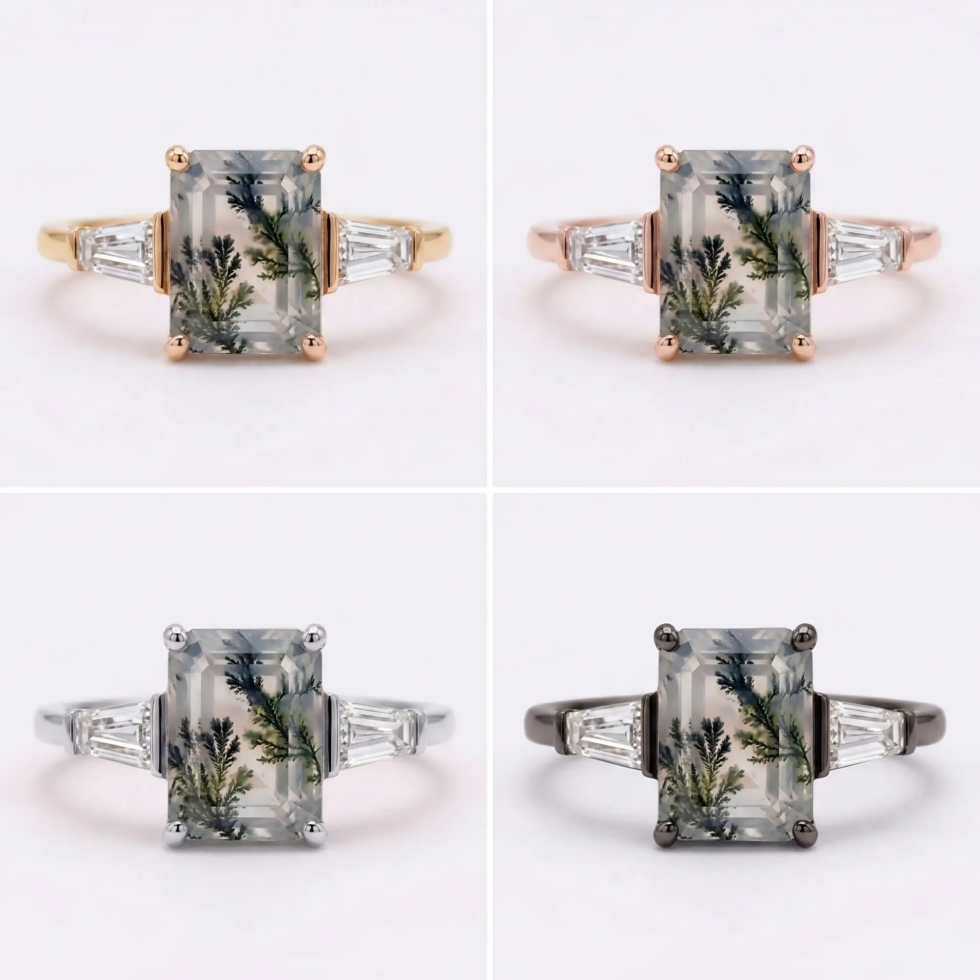 Studio matrix showcasing the classic emerald-cut moss agate three-stone ring across solid rose gold, yellow gold, white gold, and black gold options