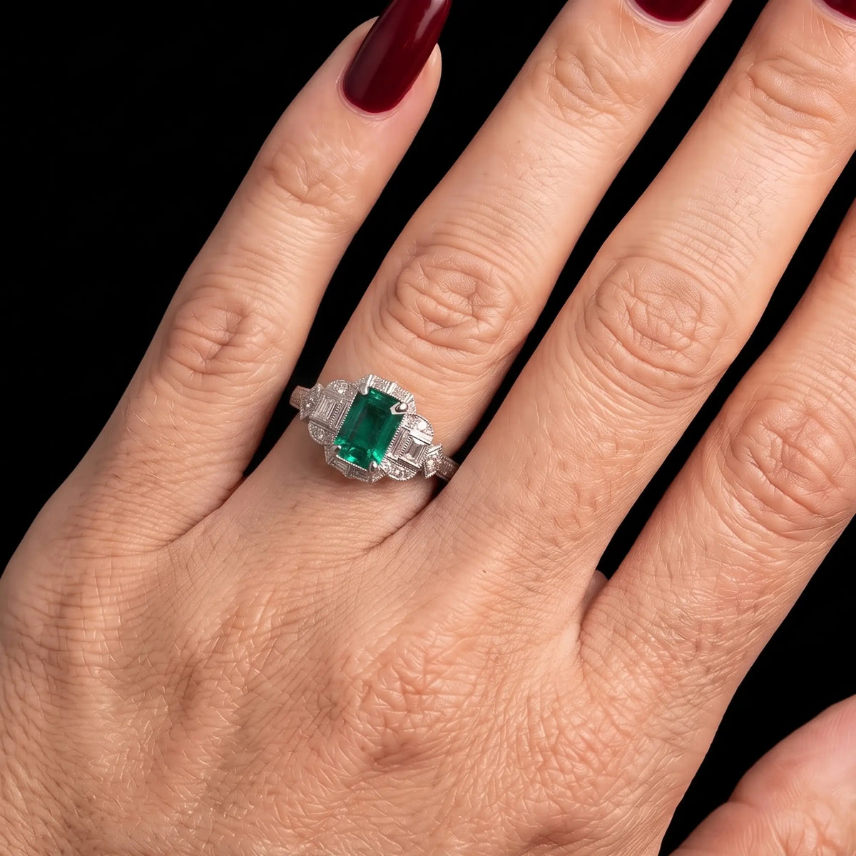 Antique inspired green gemstone ring with architectural Art Deco design for women anniversary jewelry white gold